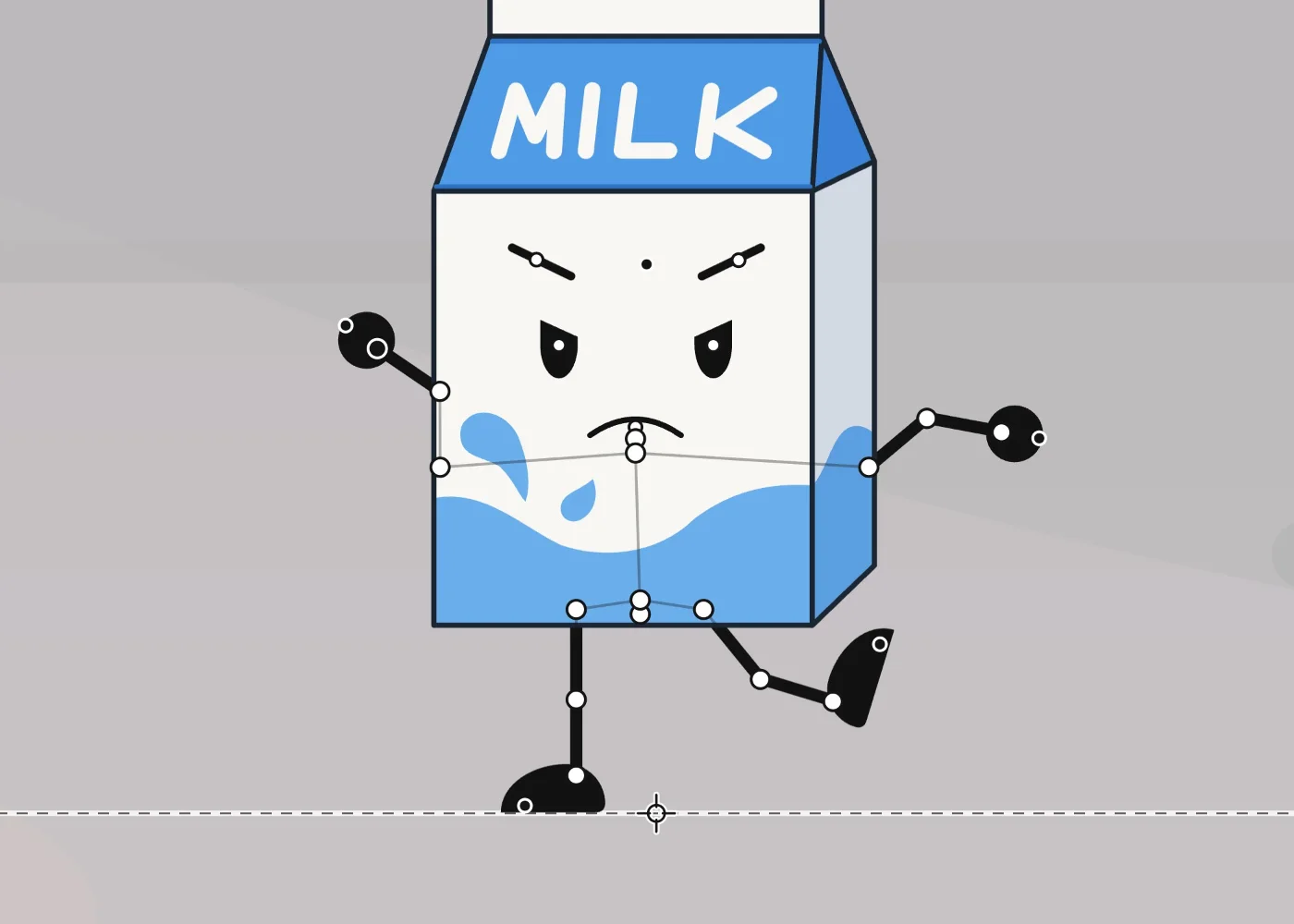 A milk carton character posed by dragging its joints: one arm raised, the other out, one leg kicked, with its pivots showing