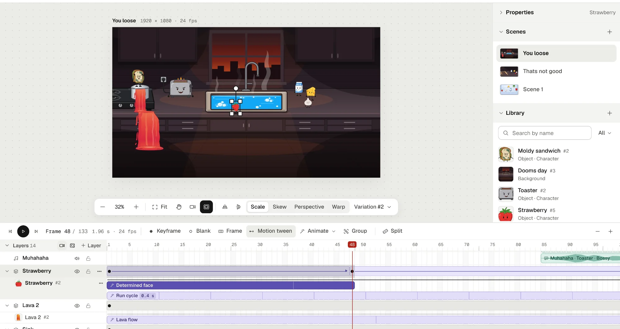 The editor with a kitchen scene on the stage and the timeline below: a strawberry's layer with a motion tween and animation clips