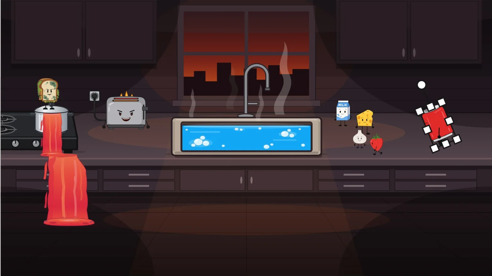A soda can character being rotated on the stage with its transform handles