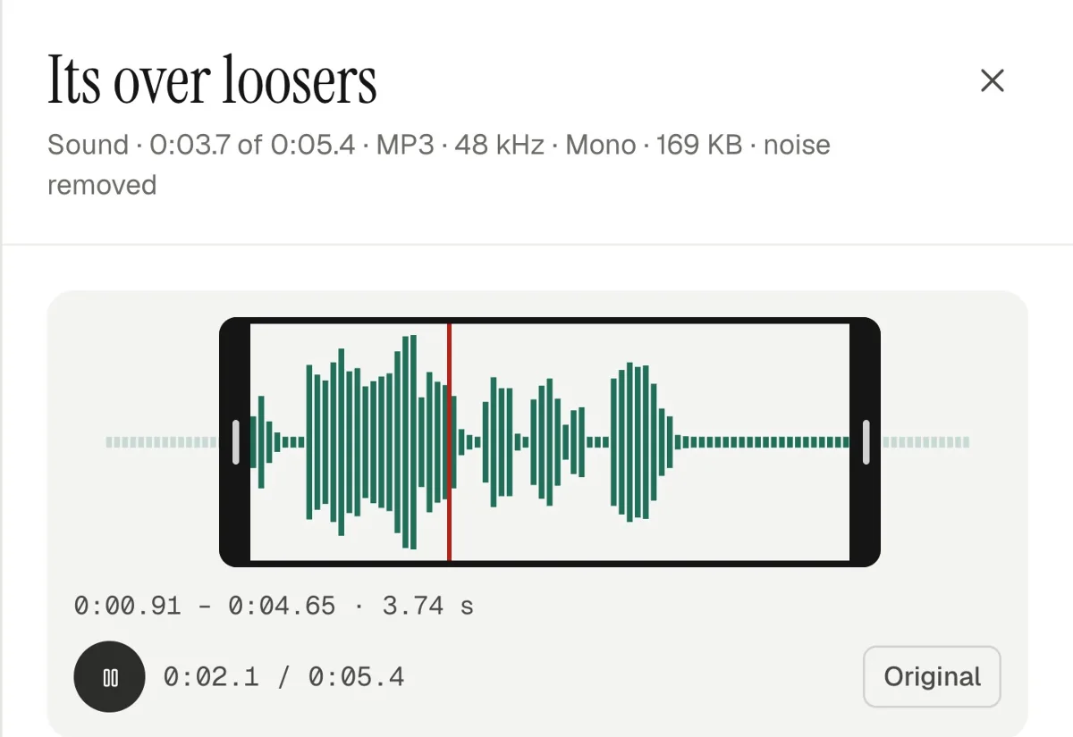 A voice line's waveform trimmed between two bars, playing
