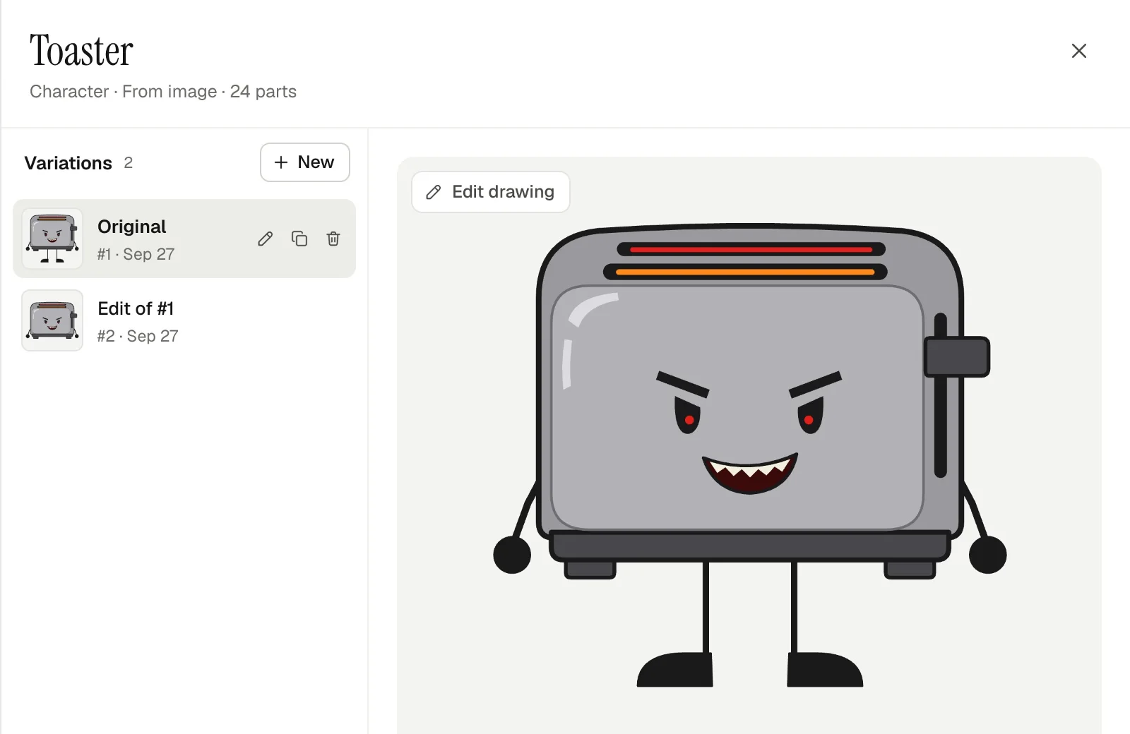 A toaster character's drawer listing its variations