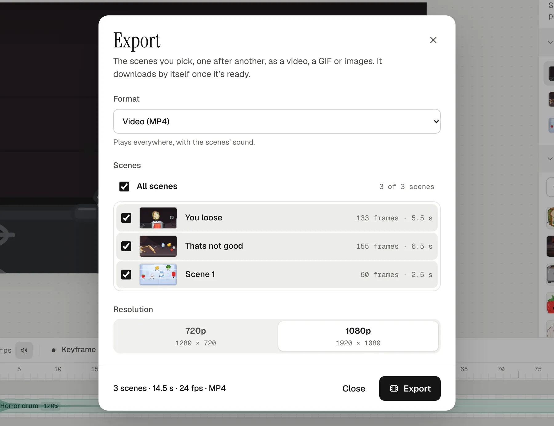 The Export dialog over the editor: Video (MP4) as the format, the project’s three scenes ticked, and 720p or 1080p