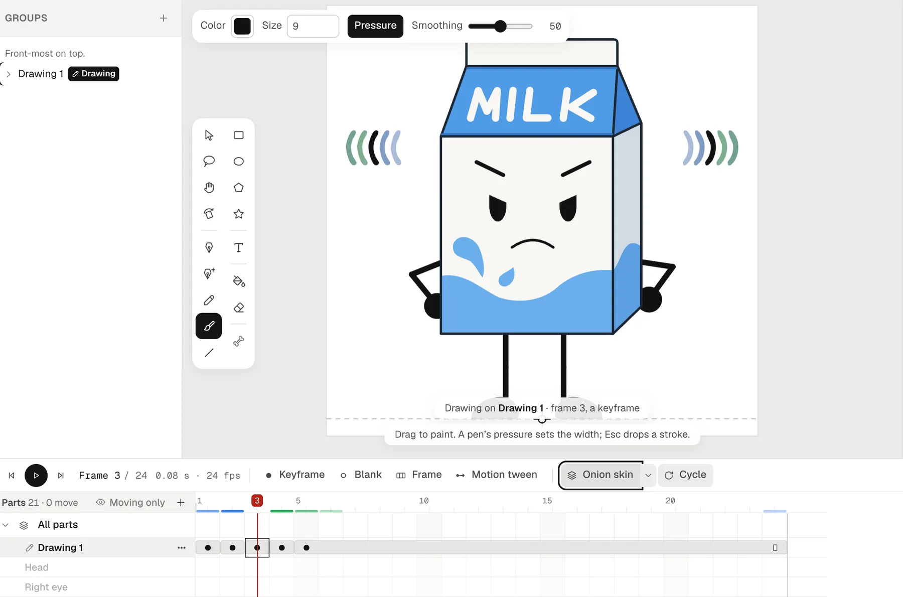 Frame-by-frame drawing with the brush: shake marks beside the Milk character, earlier frames in blue and later ones in green, a keyframe on each of five frames
