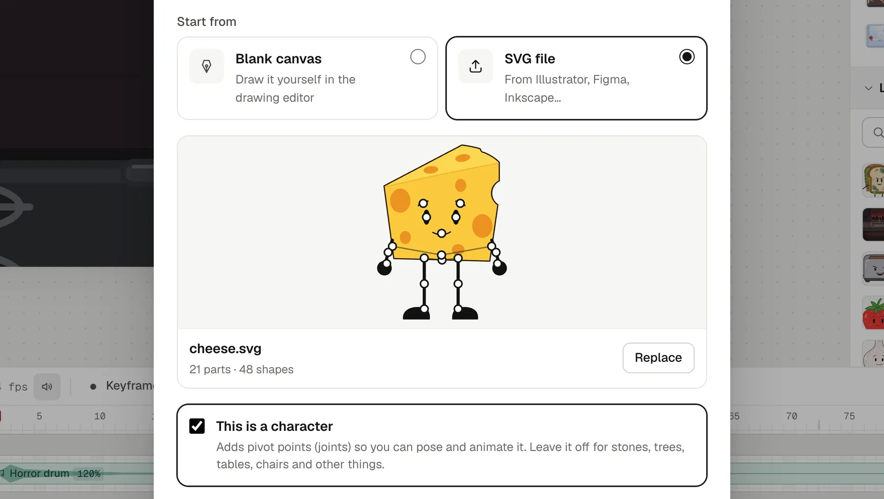 New object’s SVG file option with cheese.svg loaded: a cheese character shown with its joints, 21 parts and 48 shapes, This is a character ticked