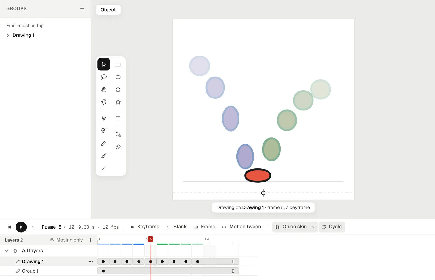 A bouncing ball drawn frame by frame in Animperia: the squashed ball on the floor at frame 5, the frames before it in blue and the ones after in green, and a keyframe on each of nine frames in the timeline