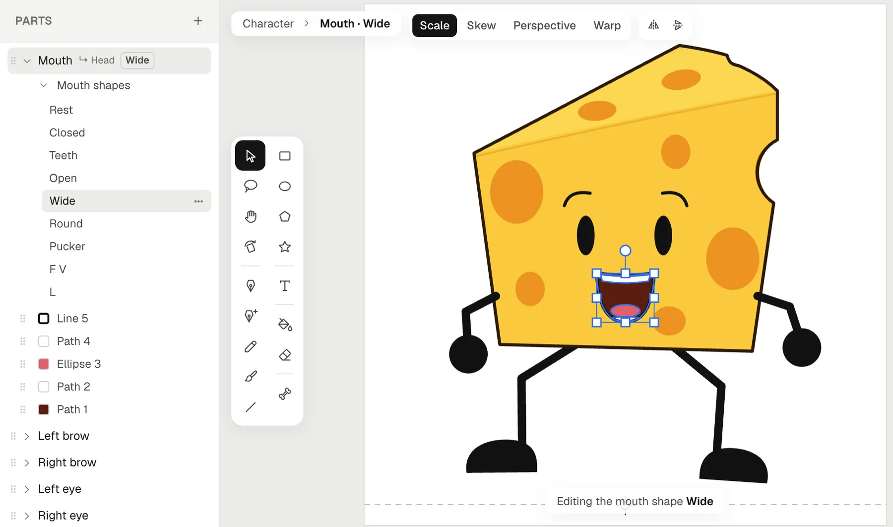 Cheese’s mouth shapes in the drawing editor: Rest, Closed, Teeth, Open, Wide, Round, Pucker, F V and L listed under its Mouth part, and Wide picked and drawn on the cheese