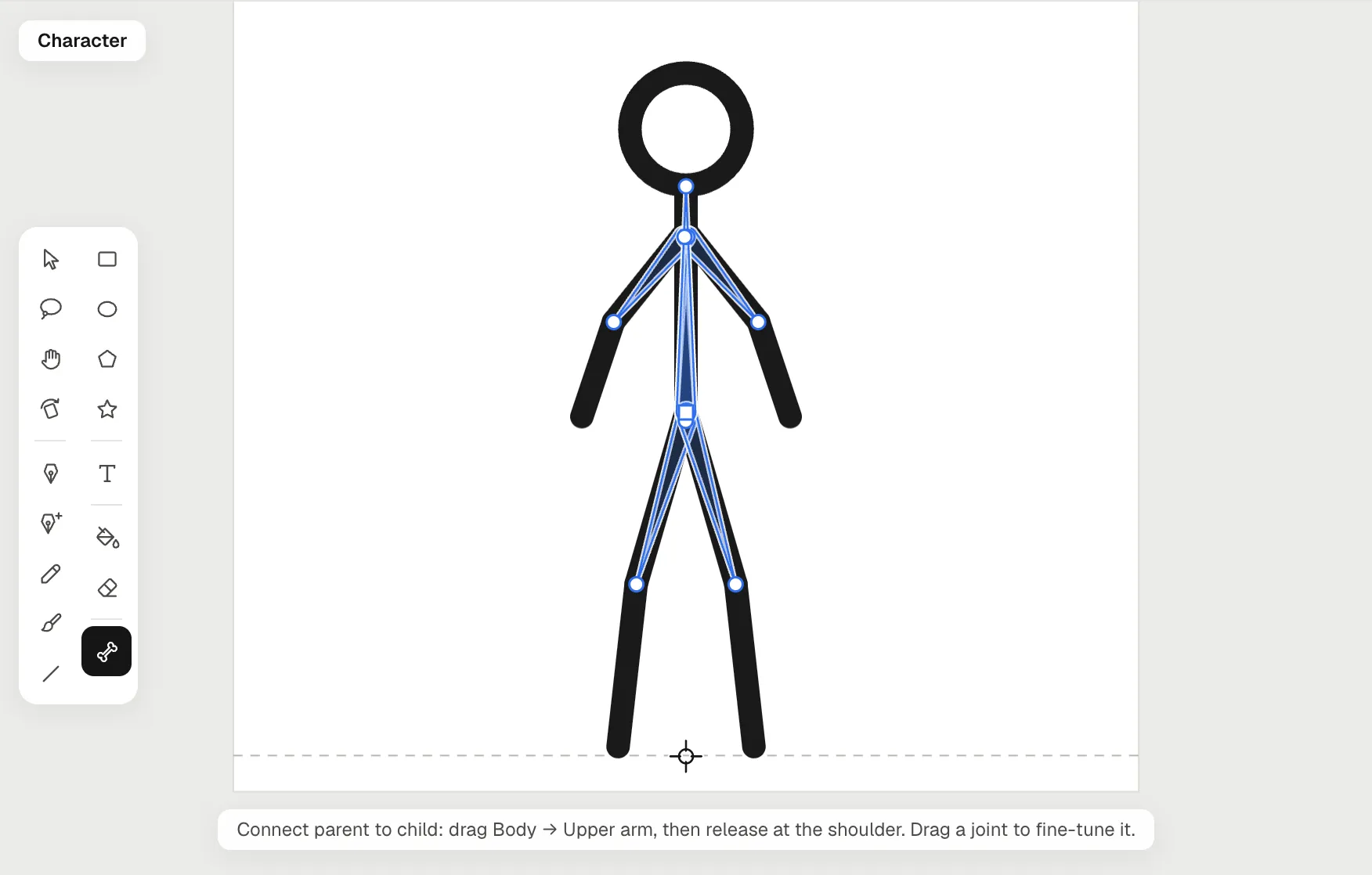 The stick figure with the Bone tool on: bones run from the body to each upper arm and thigh, and on to each forearm and shin, with a joint at every bend