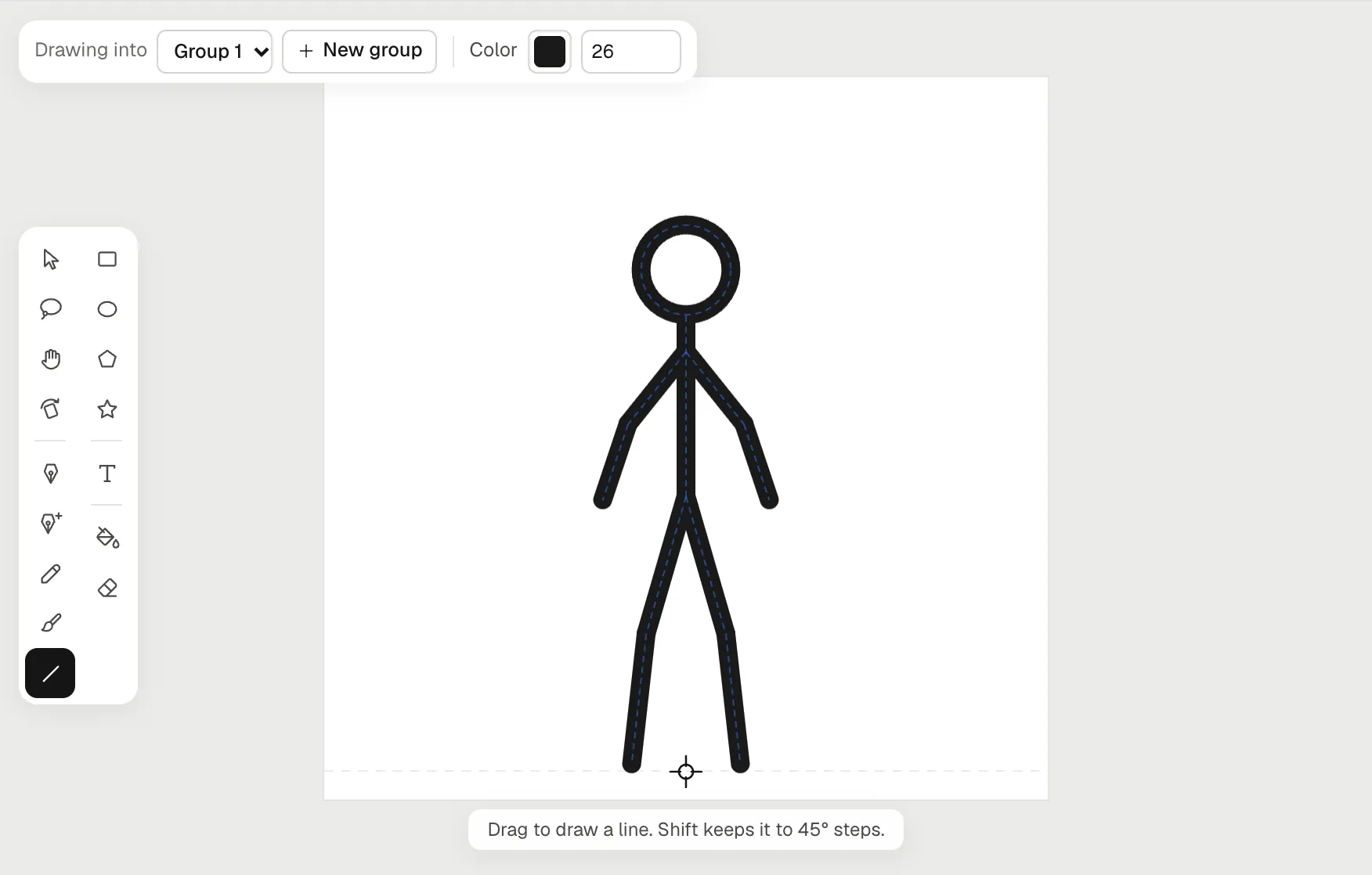 A stick figure drawn with thick black lines: a body line, two lines for each arm and leg and a circle for the head, with the line tool selected