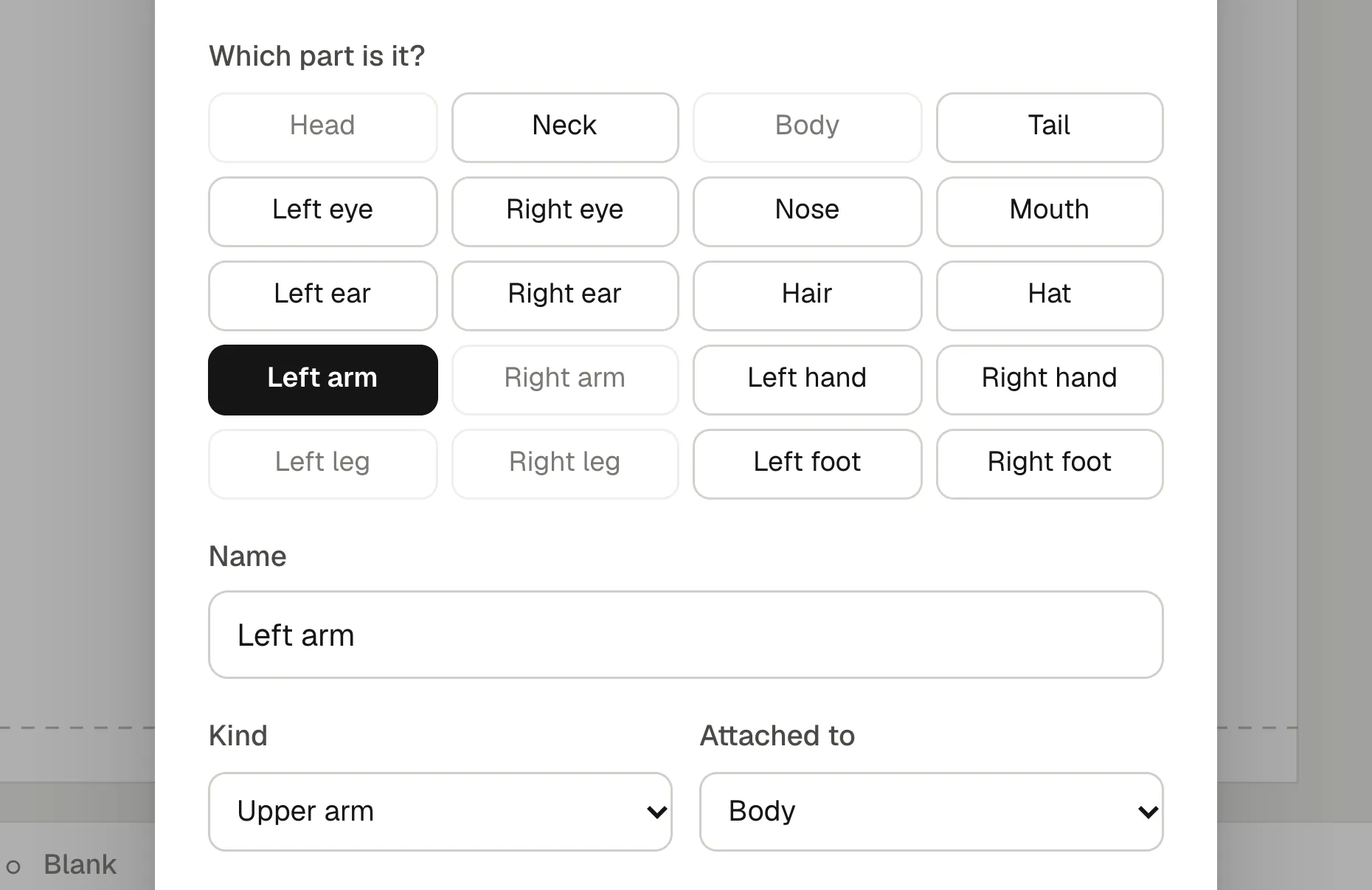 The Make as body part dialog for a stick figure: Left arm picked from the quick choices, Kind Upper arm, Attached to Body