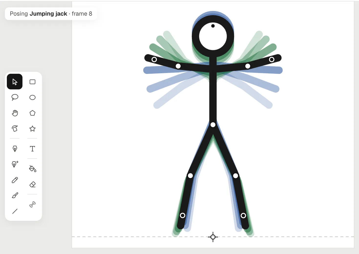 Posing the jumping jack on frame 8 with Pivots on: handles at the elbows, hands, knees and feet, and the onion skin showing the poses around it
