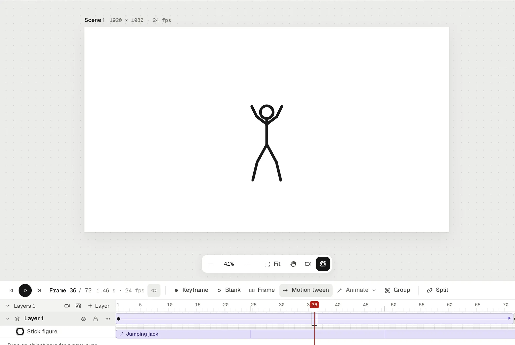 The stick figure in a scene, mid-jump, with a motion tween across 72 frames on Layer 1 and the Jumping jack clip repeating below it