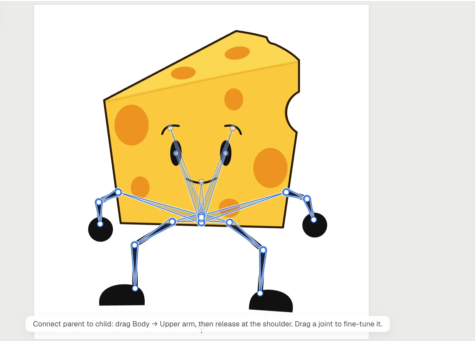 The Cheese character in Animperia’s drawing editor with the Bone tool on: a bone runs from each joint to the next, from the body to the arms, legs and face