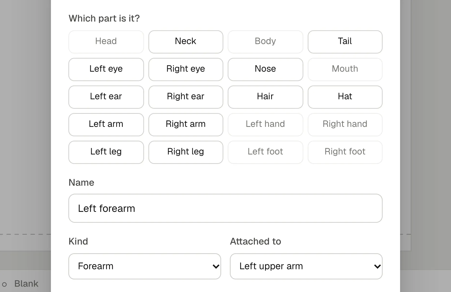 The Make as body part dialog for Juno’s left forearm: quick picks for common parts, the name Left forearm, the kind Forearm and Attached to Left upper arm