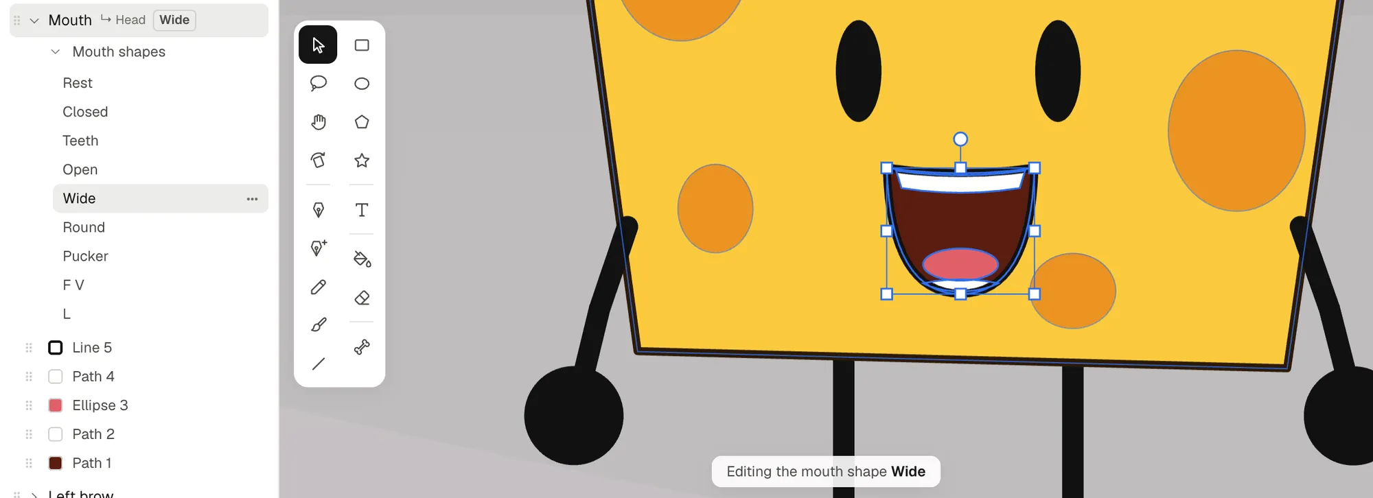 The drawing editor with the Cheese character, its Mouth shapes listed in the part list and the Wide mouth shape selected for editing