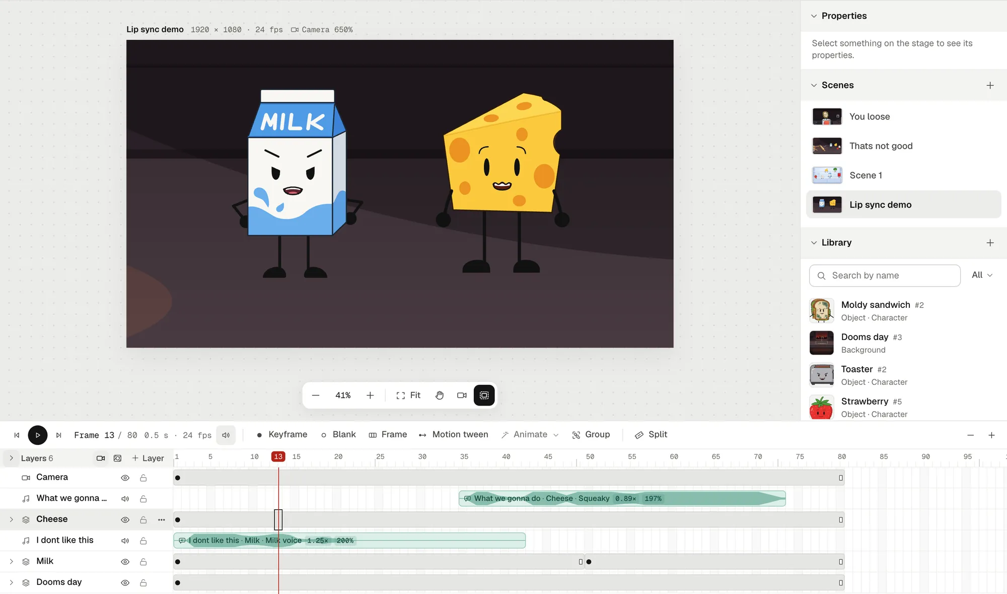 The editor with Milk talking on the stage, and a timeline whose sound layers show I dont like this · Milk · Milk voice and What we gonna do · Cheese · Squeaky