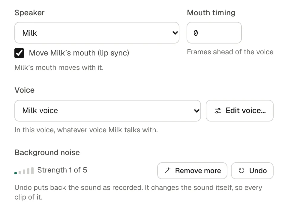 A voice clip's options: Speaker Milk, Move Milk’s mouth (lip sync) ticked, Mouth timing 0 frames ahead of the voice, the Milk voice, and Background noise removed at strength 1 of 5