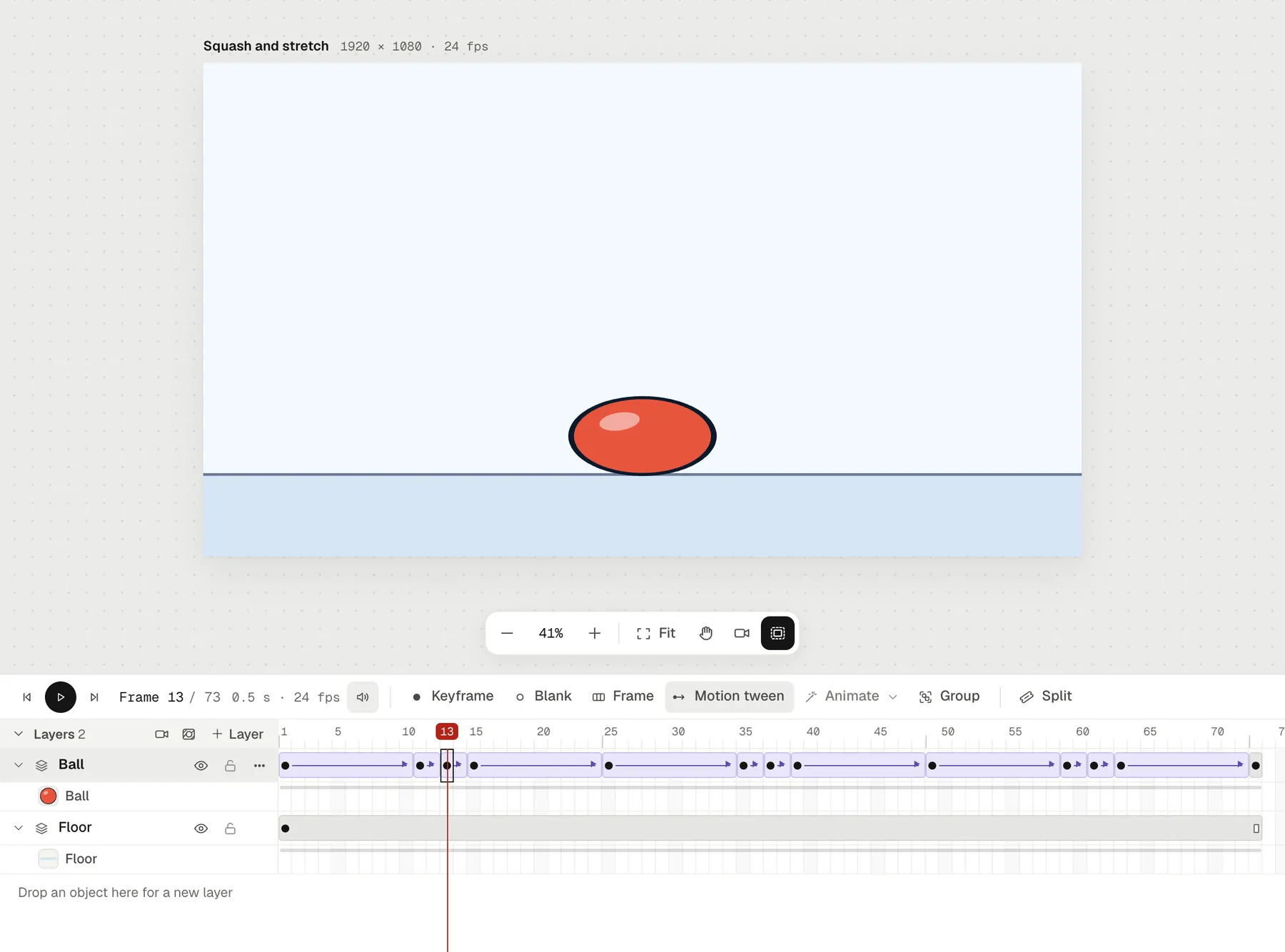 The bounce in Animperia's editor on frame 13: the ball squashed flat on the floor, and its layer's keyframes and motion tweens on the timeline below