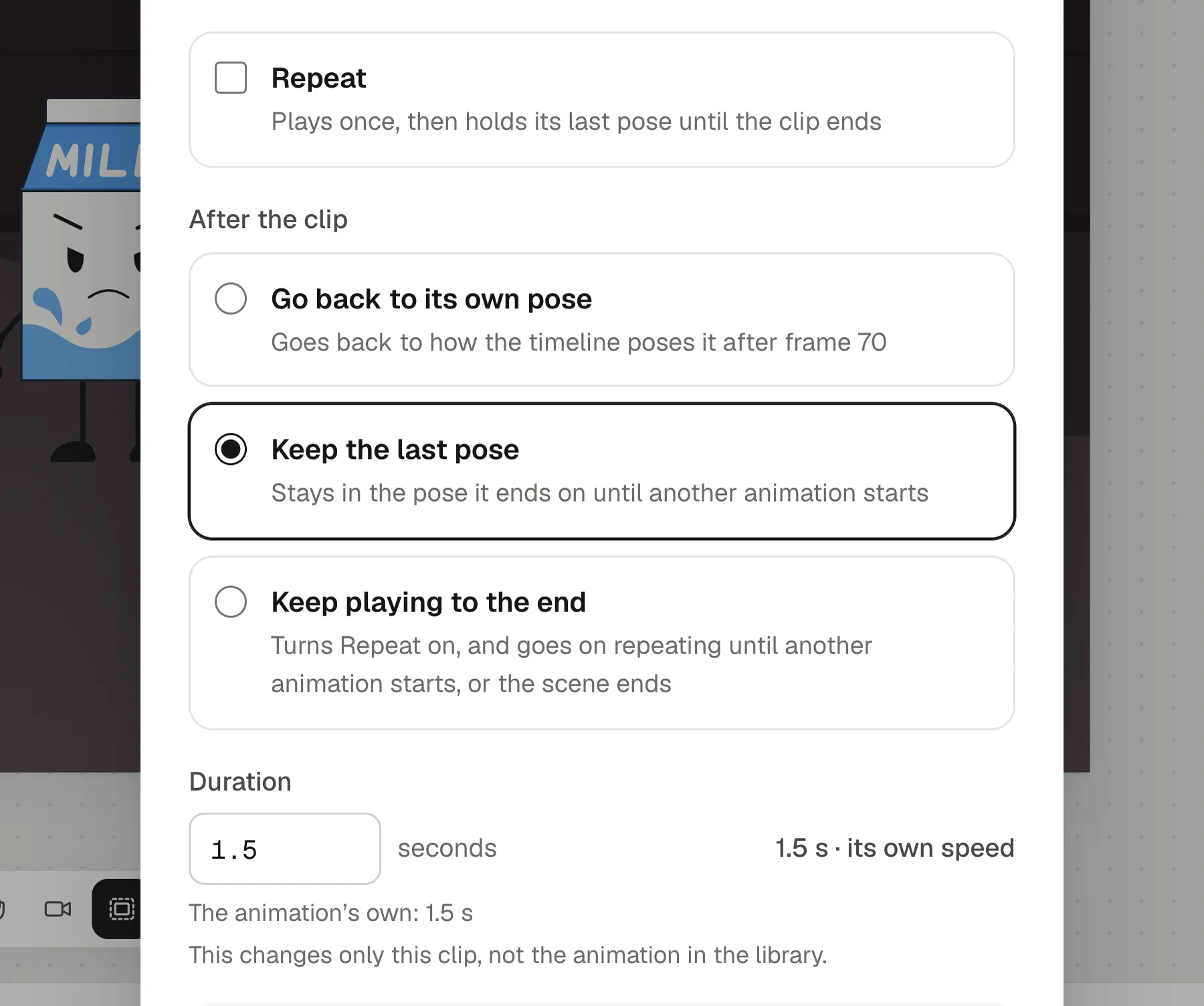 The clip options for Cover eyes on Cheese: Repeat unticked, After the clip set to Keep the last pose, and a duration of 1.5 seconds
