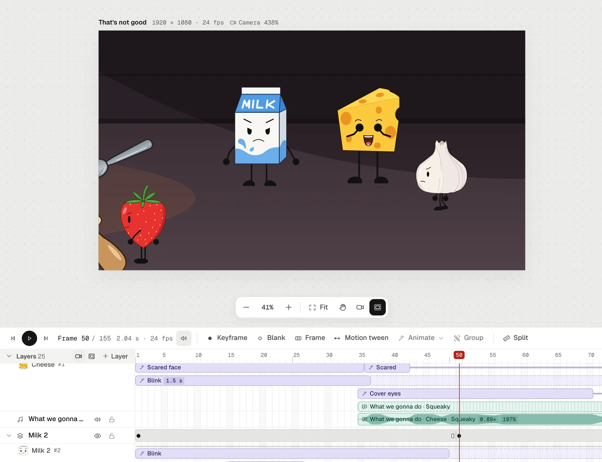 A kitchen scene with Milk, Cheese and Garlic, and Cheese’s rows in the timeline below: Scared face, Blink and Cover eyes clips overlapping, and a voice line, What we gonna do, that moves the mouth
