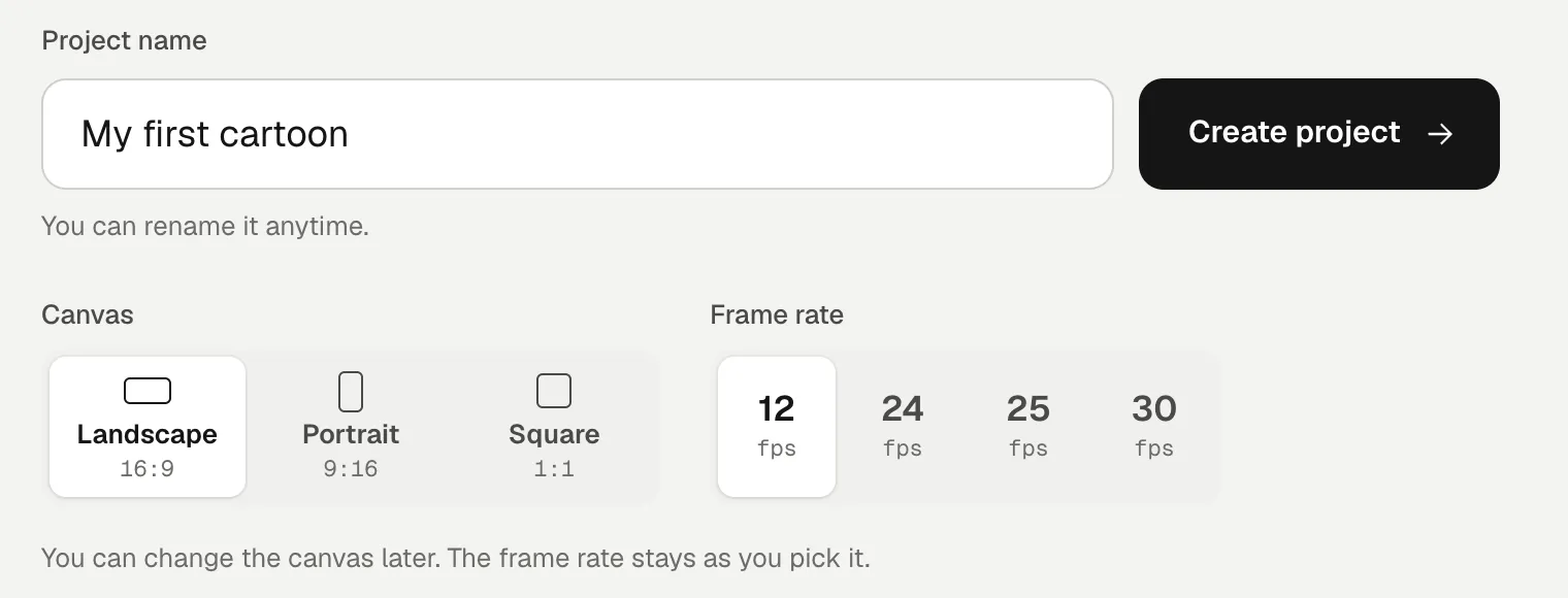 The new project form: a name, the canvas (landscape, portrait or square) and the frame rate, with 12 fps picked out of 12, 24, 25 and 30