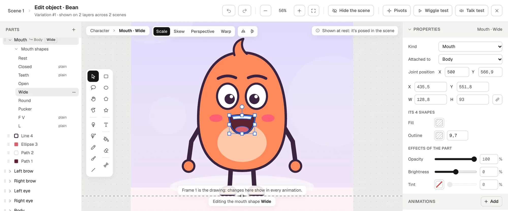 The drawing editor with Bean, its Mouth shapes listed under the Mouth part and the Wide shape selected, enlarged into a big open mouth; Properties shows Kind Mouth
