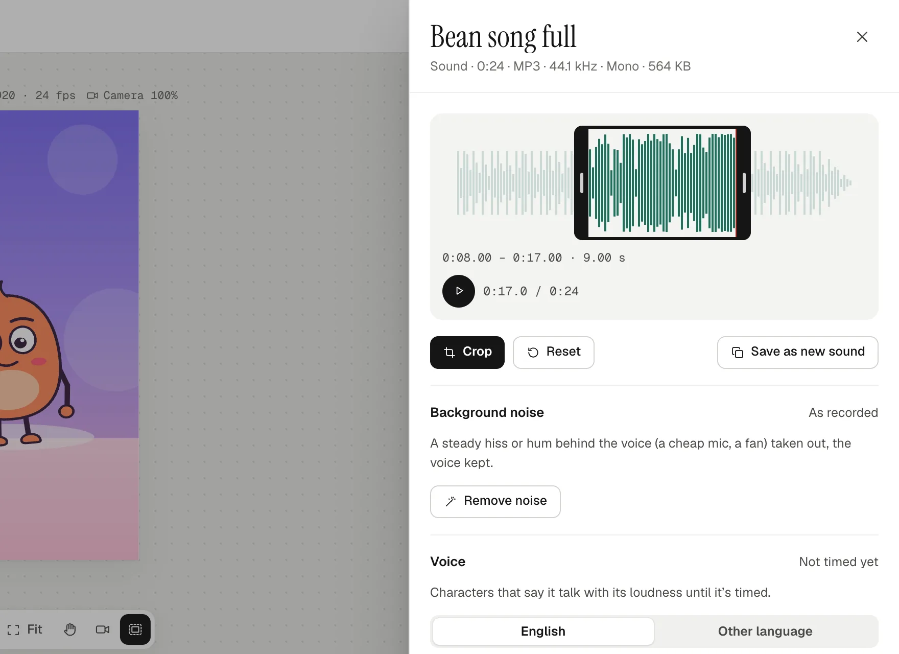 A sound's drawer: a 24-second song with its bars set to keep 0:08.00 to 0:17.00, and the Crop, Reset and Save as new sound buttons under it