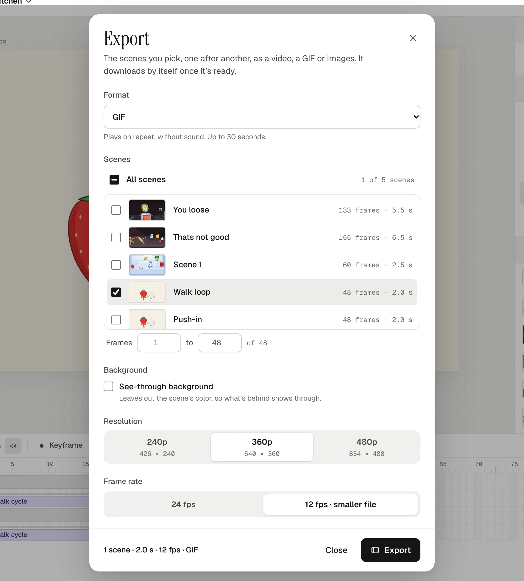 The Export dialog with GIF picked: the Walk loop scene ticked with frames 1 to 48, See-through background unticked, 360p chosen at 640 × 360, and 12 fps · smaller file chosen as the frame rate
