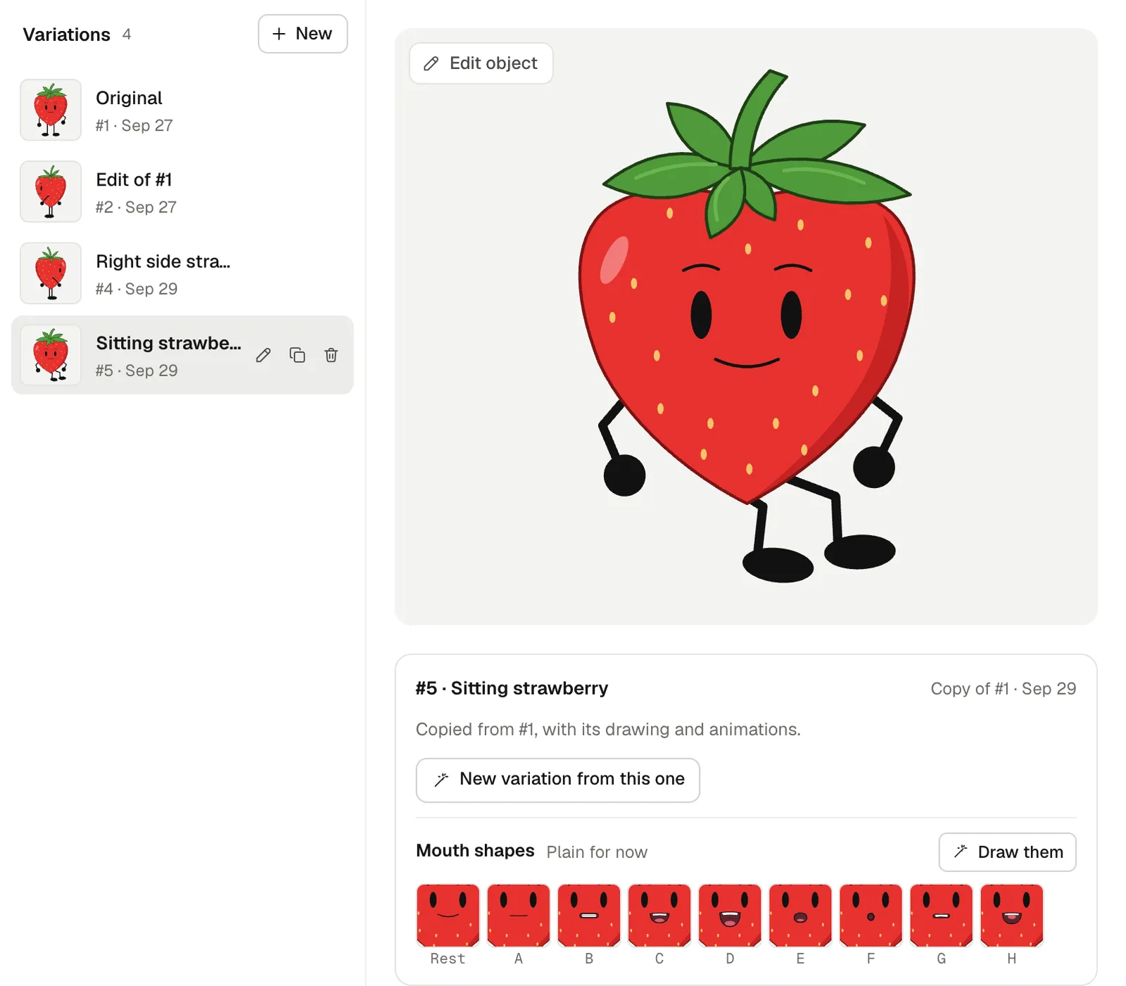 A character's drawer: four variations of a strawberry listed on the left, the picked one on the right, a copy of the first with its drawing and animations, and its mouth shapes from Rest to H