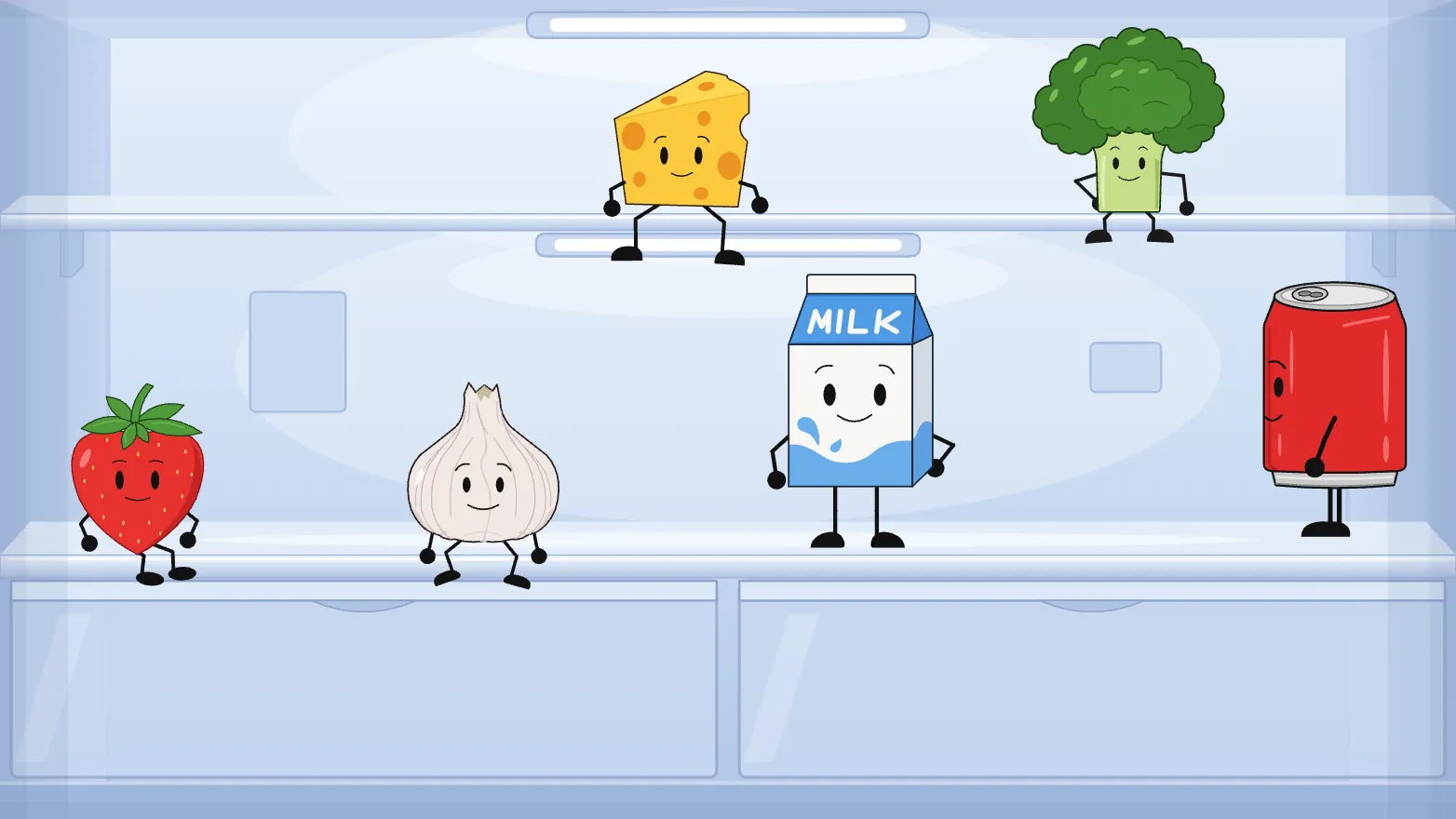 Milk, Cheese, Garlic, a strawberry, broccoli and a soda can standing on the shelves of an open fridge, each with a face and stick arms and legs