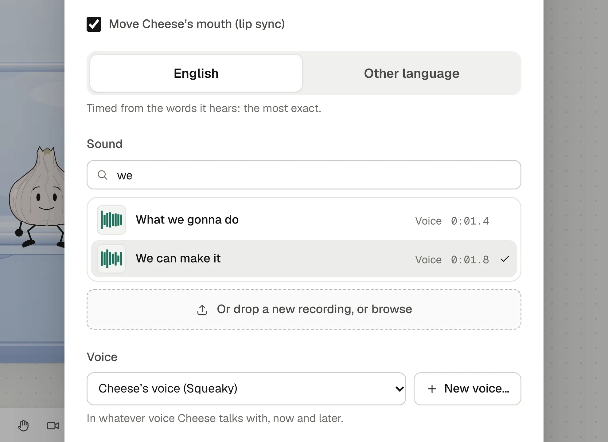 The Give Cheese a voice dialog: Move Cheese’s mouth ticked, English chosen, the sound We can make it picked and Cheese’s voice set to Squeaky