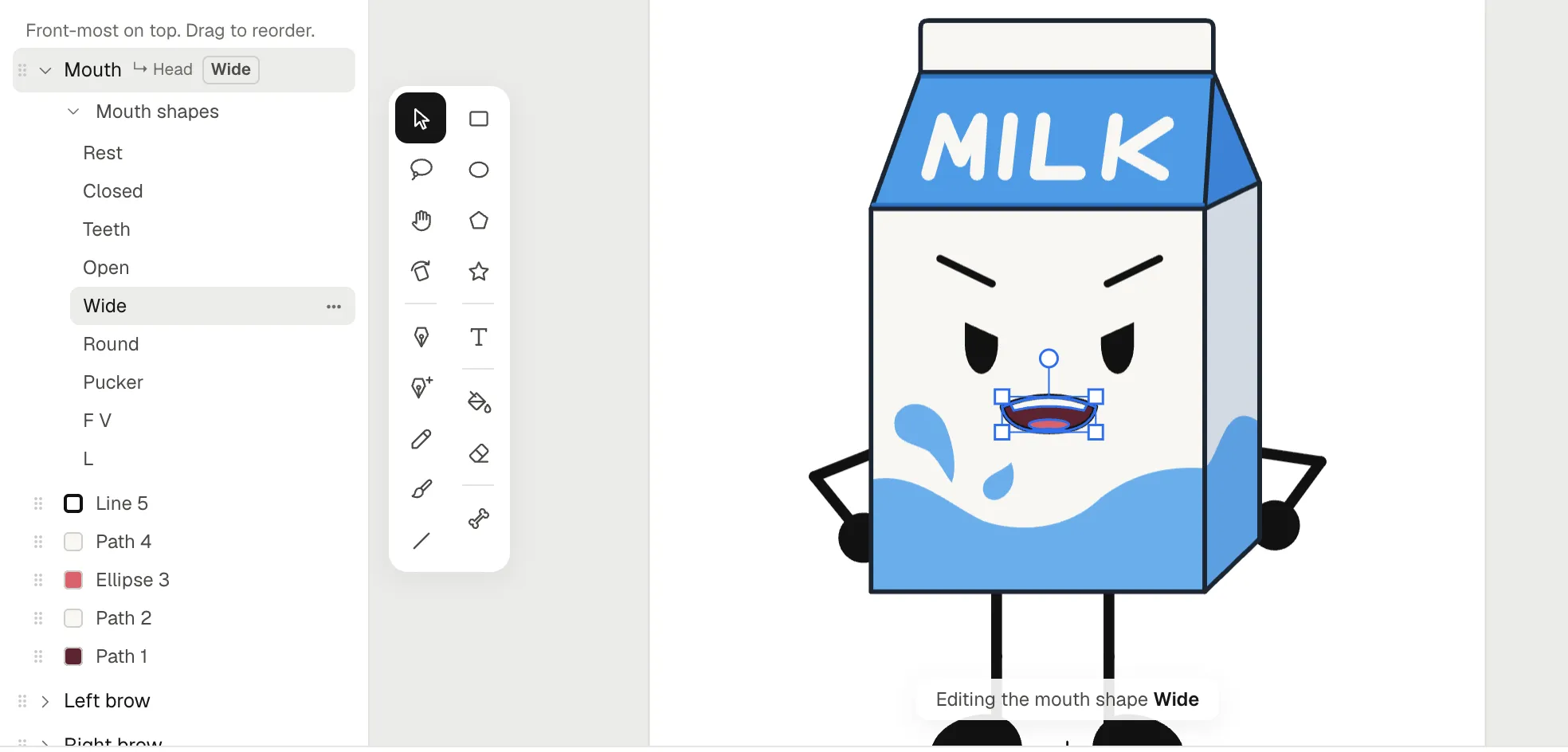 Milk in the drawing editor with the Mouth shapes list open and the Wide shape selected, showing a wide, open mouth with teeth