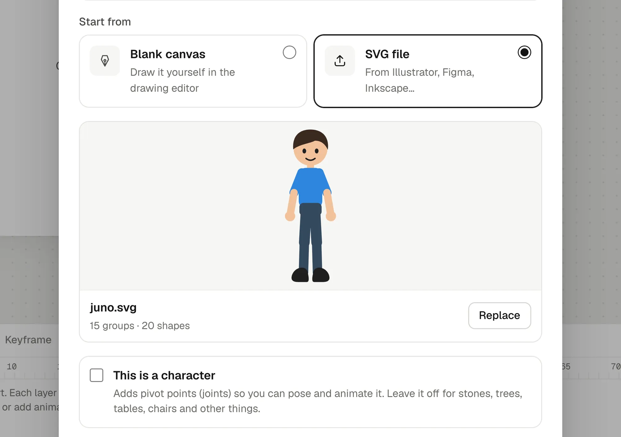 The New object dialog with the SVG file option: juno.svg loaded, a preview of the figure, 15 groups and 20 shapes, and This is a character unticked