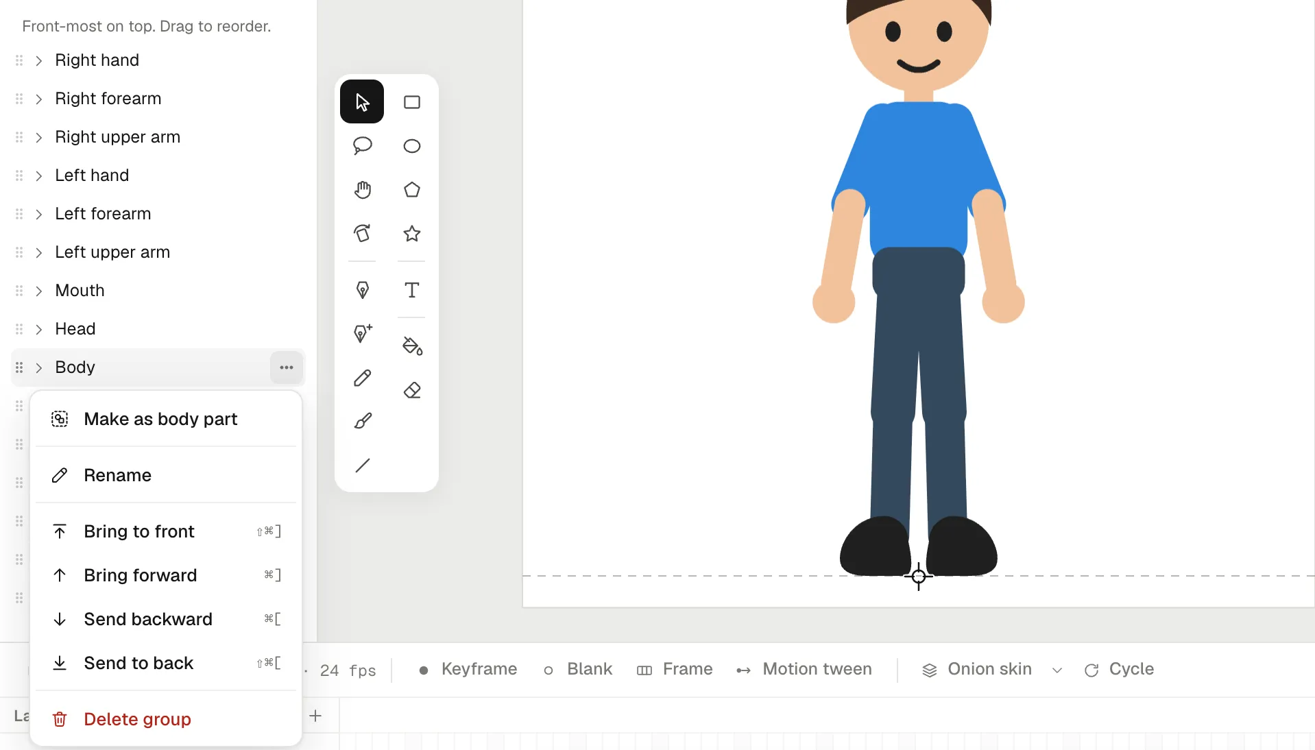 Juno in the drawing editor with the Body group’s menu open: Make as body part is the first item, above Rename and the draw-order commands