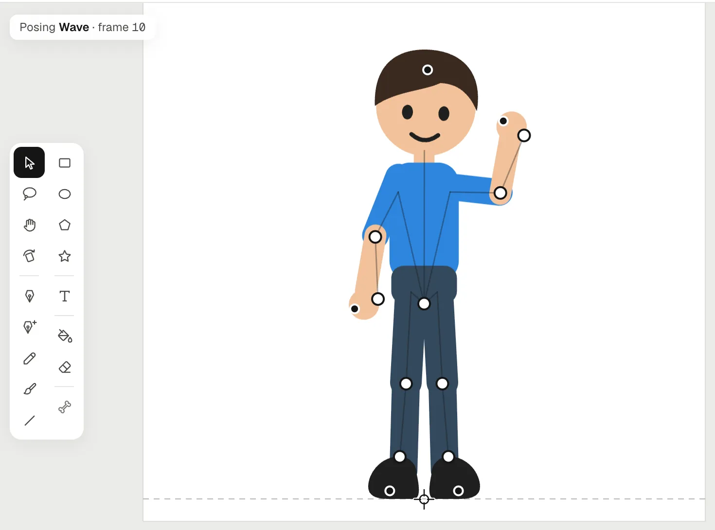 Posing Juno’s wave on frame 10 with Pivots on: the right arm raised, with handles at the elbow, the wrist and the tip of the hand, and the bones running from the hips