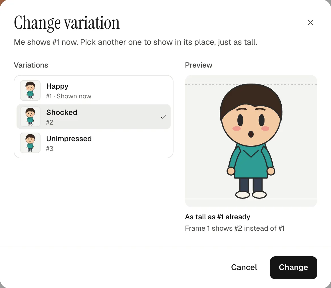 The Change variation dialog for the narrator: Happy, Shocked and Unimpressed listed with thumbnails, Shocked picked, and a preview of the shocked face