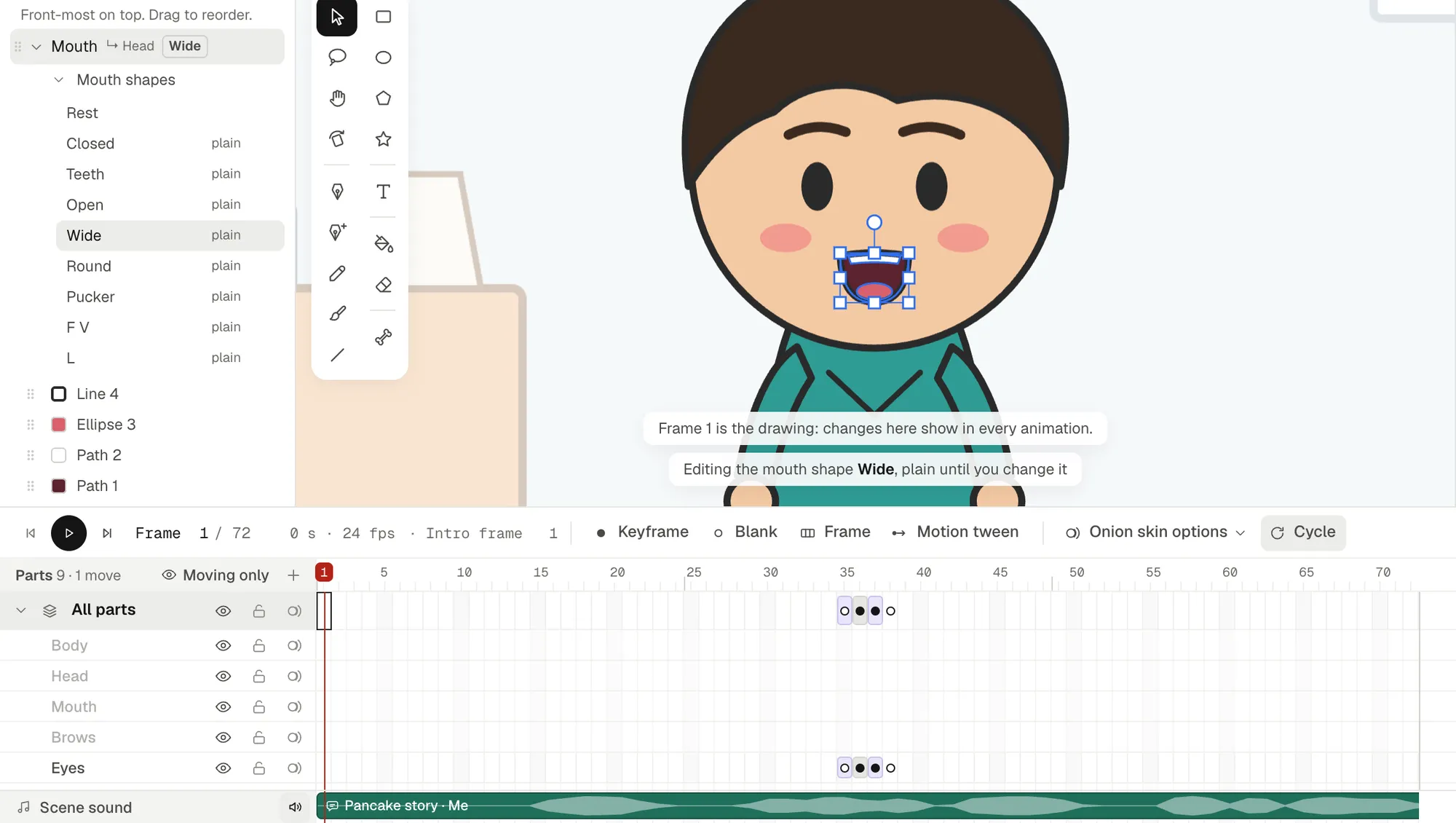 The narrator in Animperia's drawing editor, the Wide mouth shape selected on his face, the parts list showing Mouth shapes from Rest to L, and his Default timeline below with a two-frame blink on the Eyes row