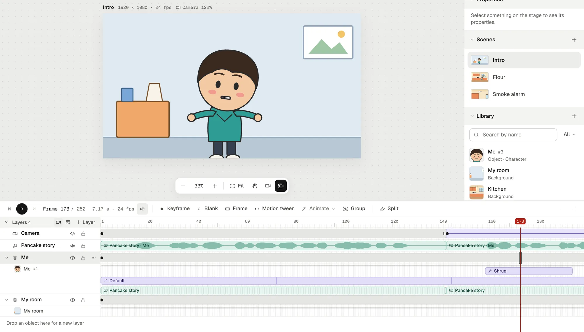 The Animperia editor with the narrator, mid-shrug, in his room; the timeline shows the narration split into two clips marked Pancake story · Me, a Shrug clip on his row, his Default timeline and a camera motion tween from frame 143