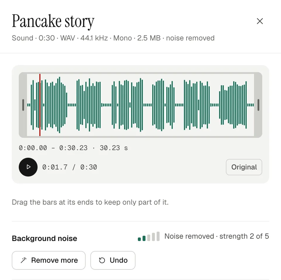 A sound's drawer for Pancake story, a 30-second WAV: its waveform with crop bars, and Background noise saying Noise removed, strength 2 of 5, with Remove more and Undo