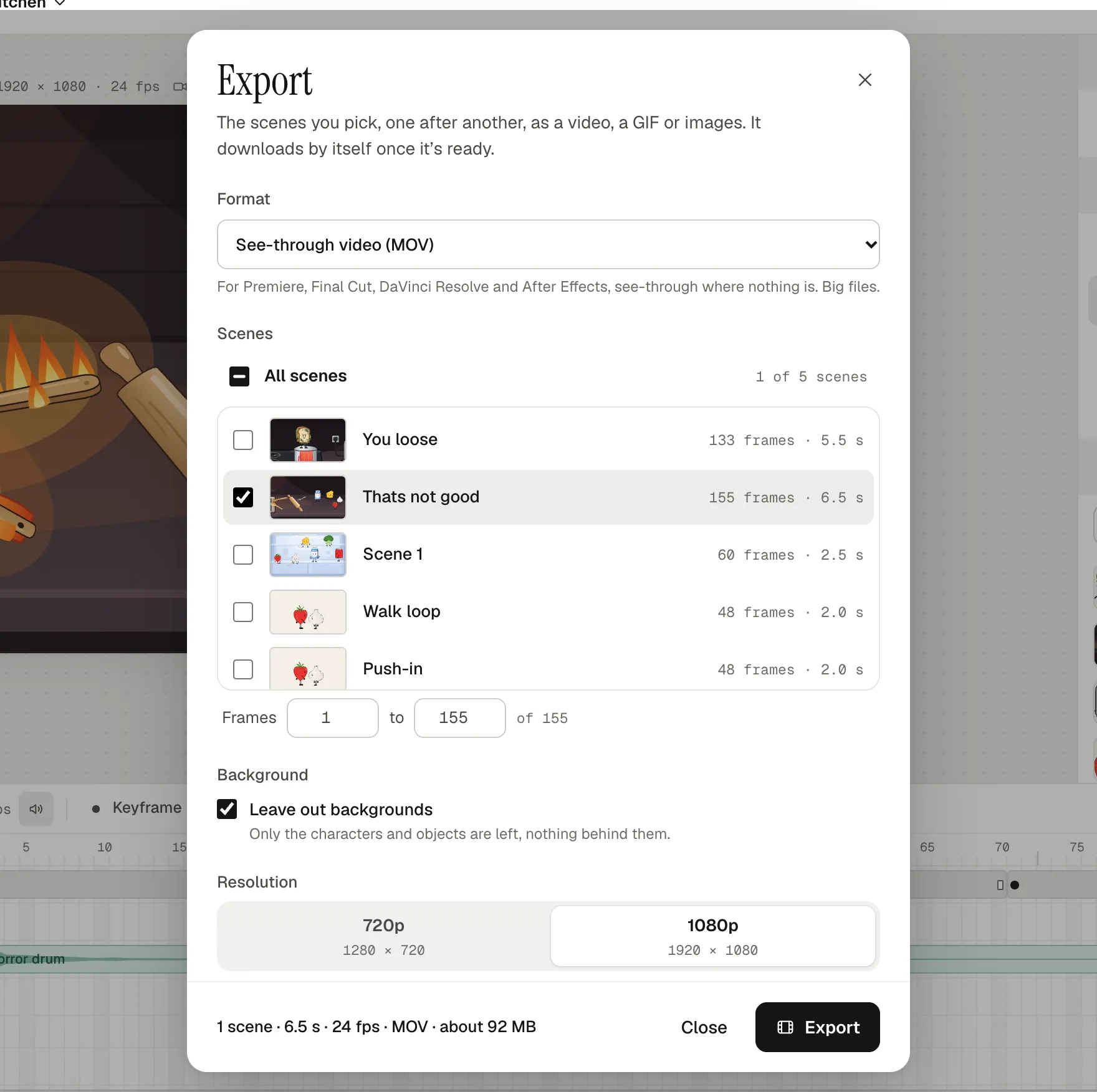 The Export dialog with See-through video (MOV) picked, one scene ticked, frames 1 to 155, Leave out backgrounds ticked, 1080p chosen, and a summary of 1 scene, 6.5 s, 24 fps, MOV, about 92 MB