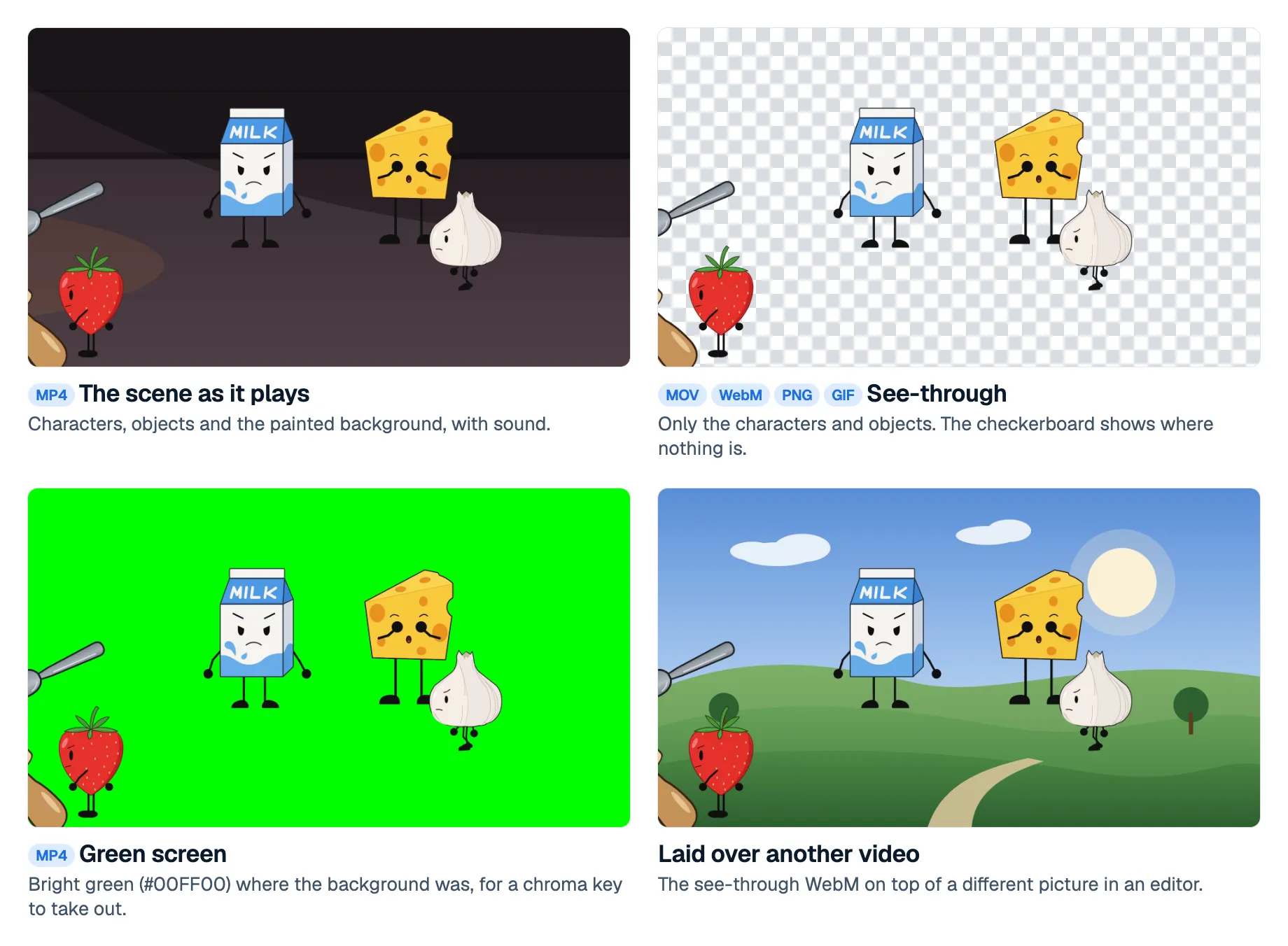 One frame of a kitchen scene exported four ways: as a normal MP4 with its dark background, see-through on a checkerboard, on bright green, and laid over a drawn landscape of hills and sky