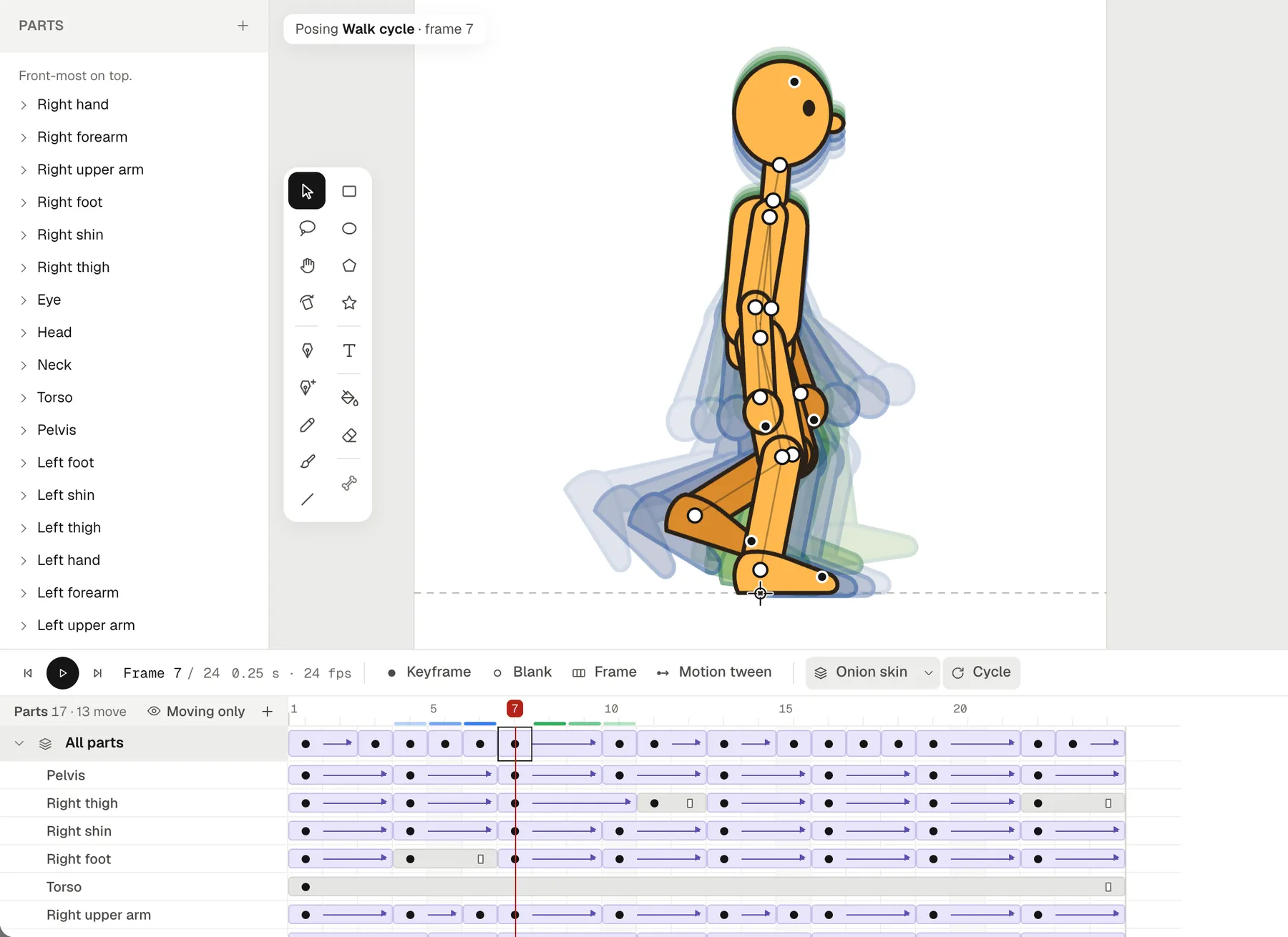 The walk cycle in Animperia's drawing editor: the mannequin in the passing pose on frame 7 with its joints showing, the onion skin around it, and a timeline with keys every three frames