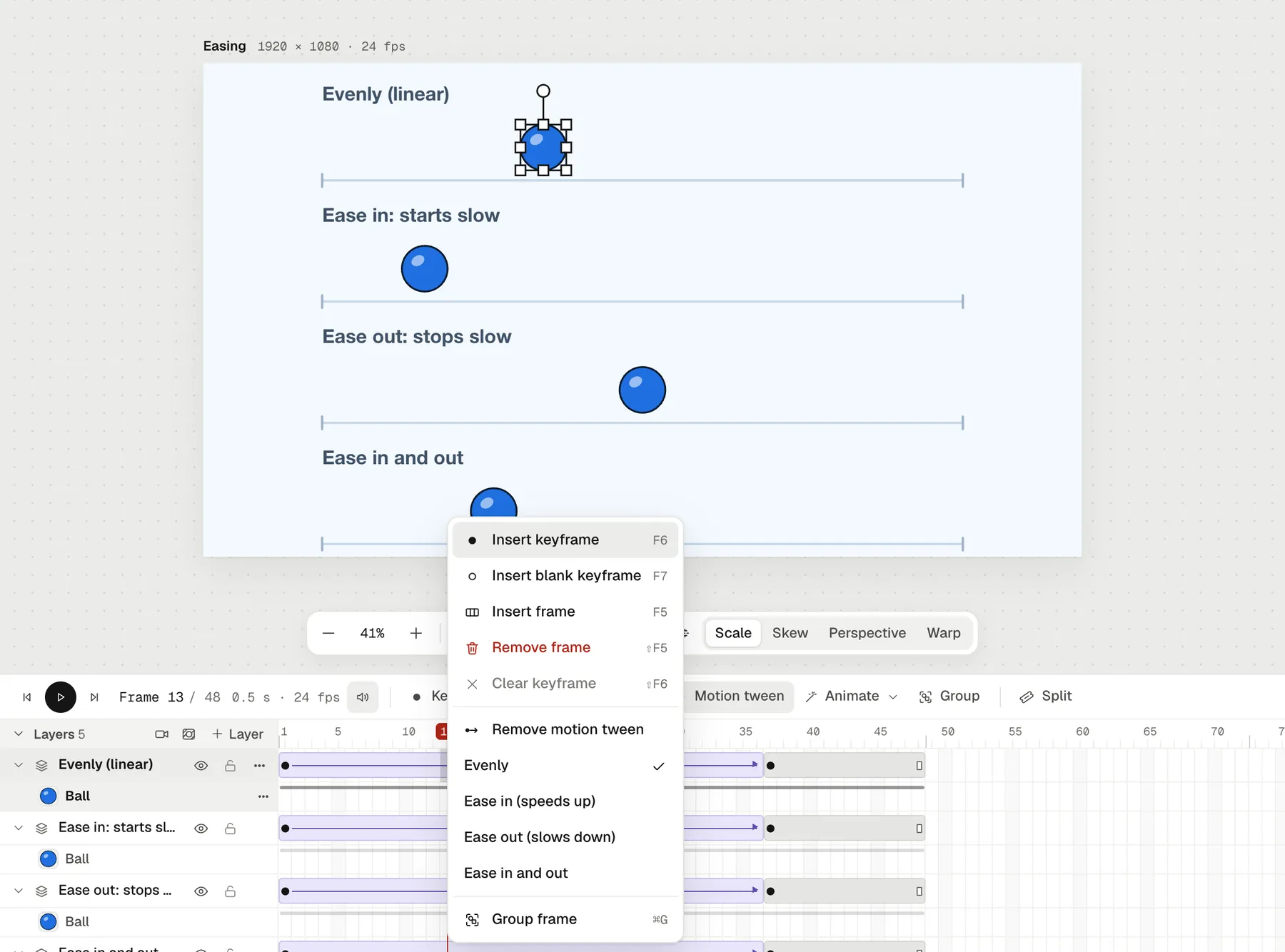 Animperia's scene timeline with four tweened balls, and the right-click menu on a tween offering Evenly, Ease in (speeds up), Ease out (slows down) and Ease in and out