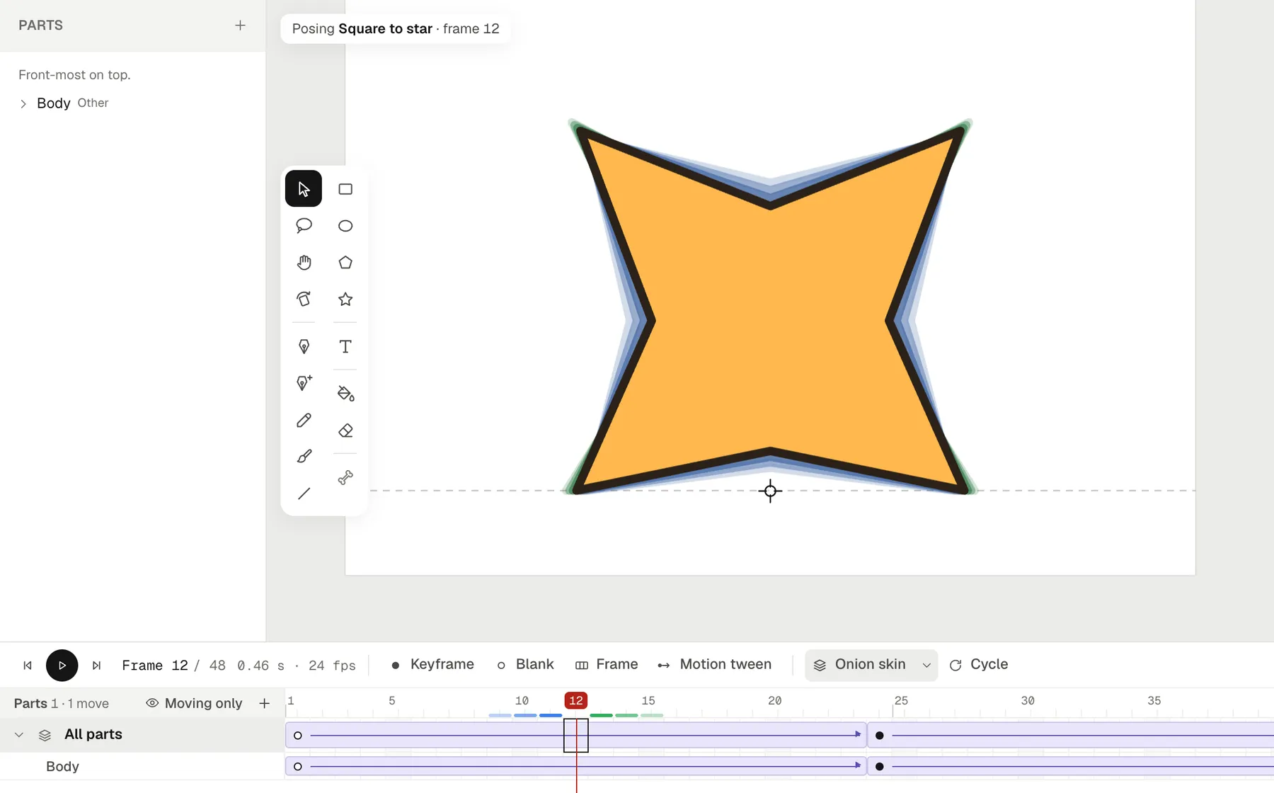 A square character reshaped into a star on frame 24, shown on frame 12 halfway through the morph, with the onion skin showing the frames around it