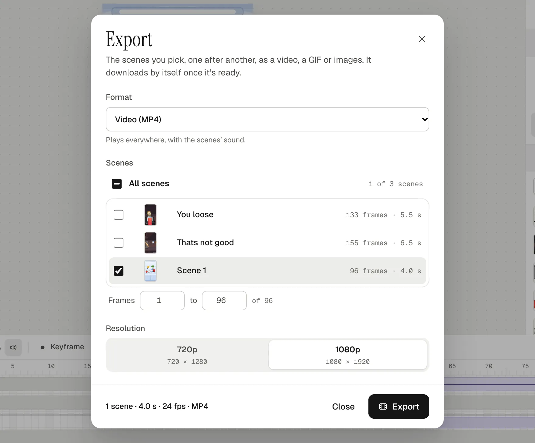 The Export dialog on a portrait project: Video (MP4), Scene 1 ticked with frames 1 to 96, 1080p showing 1080 × 1920, and the summary 1 scene, 4.0 s, 24 fps, MP4