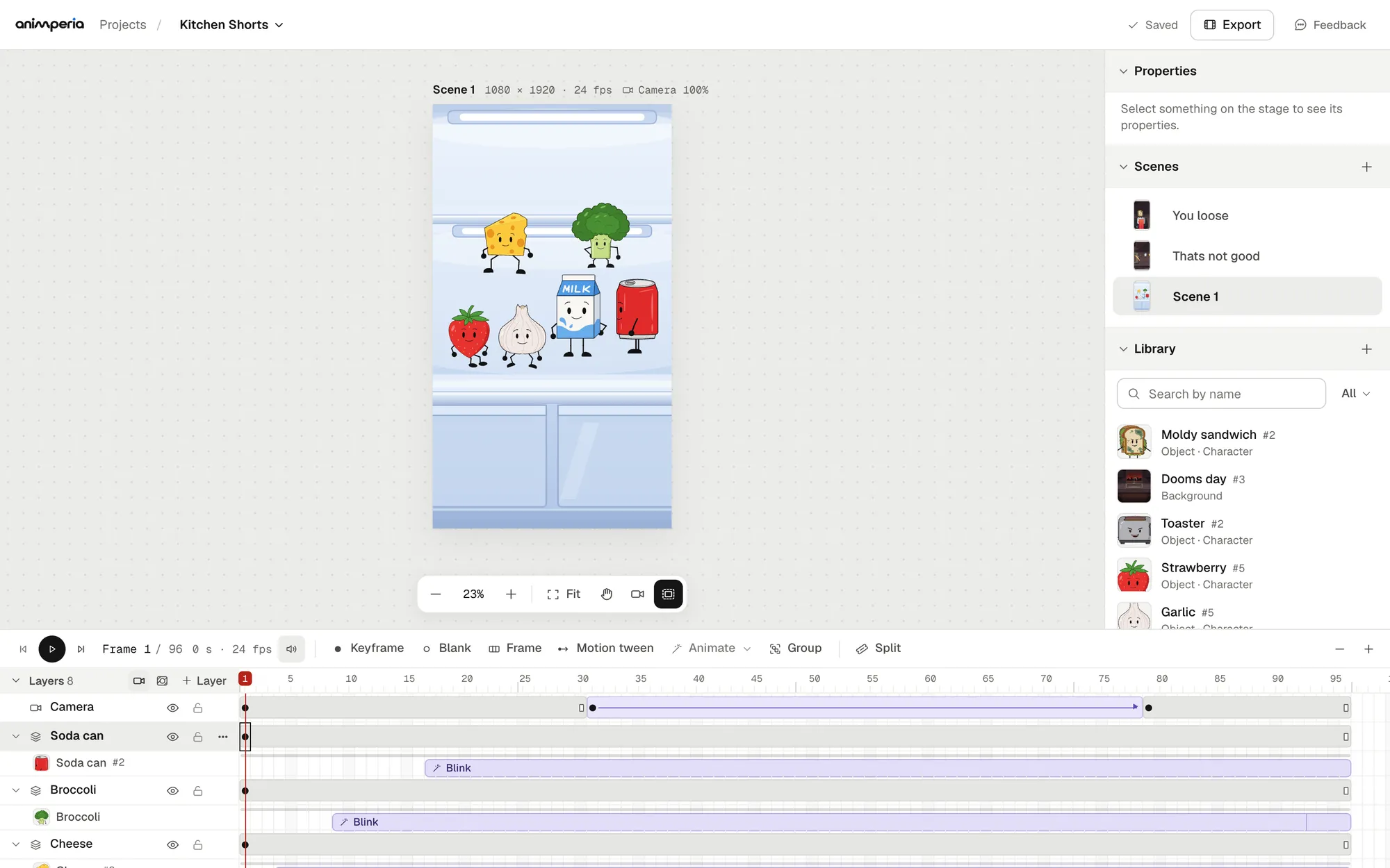 The Animperia editor with a tall 1080 by 1920 scene on the stage and the timeline below, where the Camera layer has a motion tween from frame 31 to frame 79
