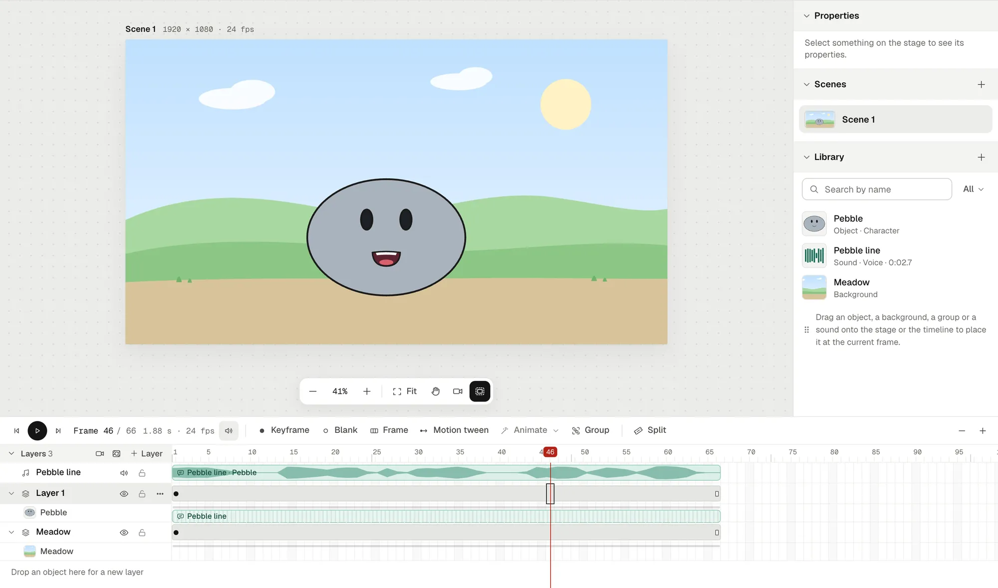 The Animperia editor with Pebble, a simple gray character drawn by hand, talking on a meadow background, and a timeline below with its voice line Pebble line · Pebble
