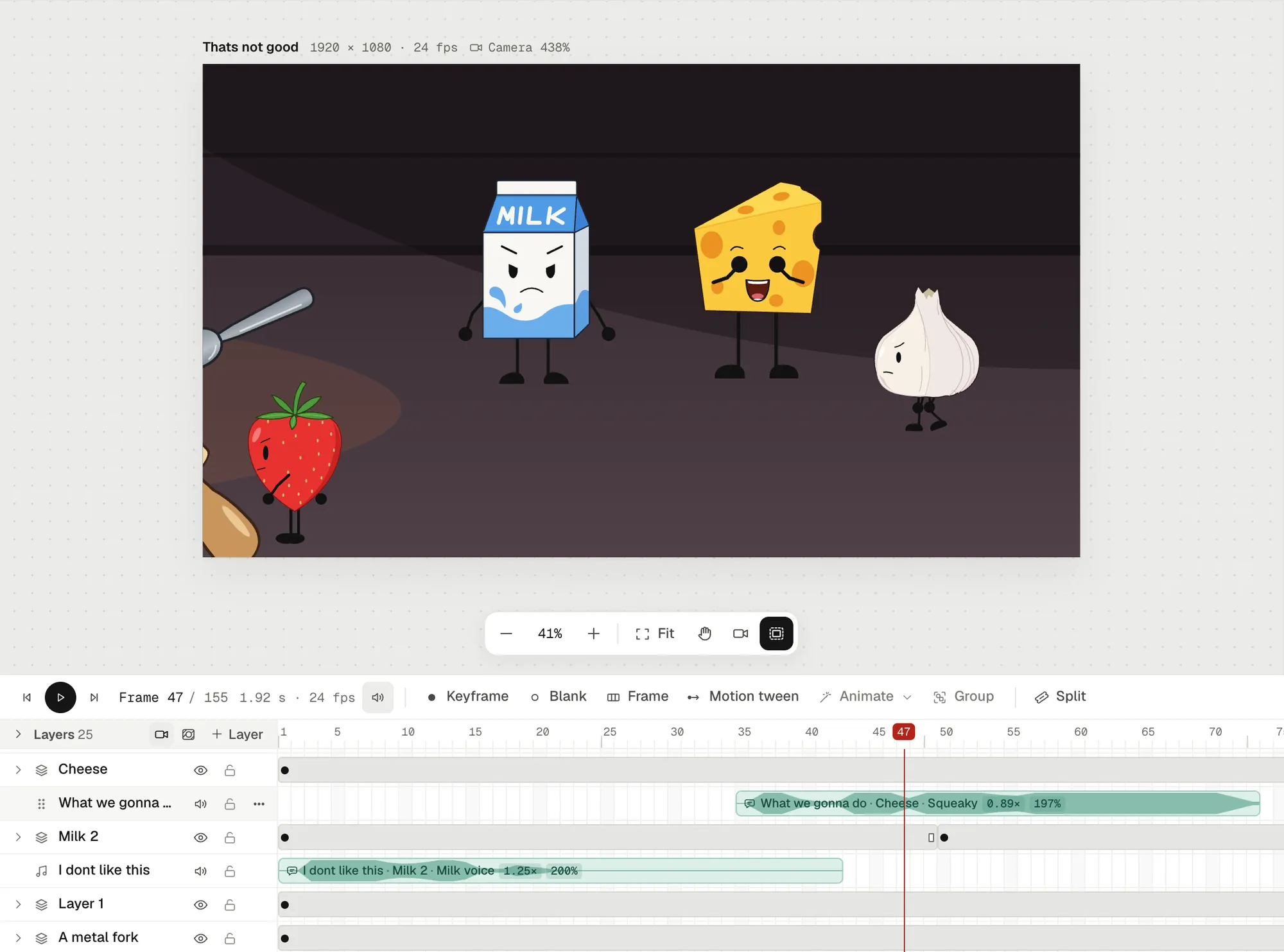 The editor on the second scene: Cheese mid-word on the stage, and the timeline below with the voice clips What we gonna do · Cheese · Squeaky and I dont like this · Milk 2 · Milk voice