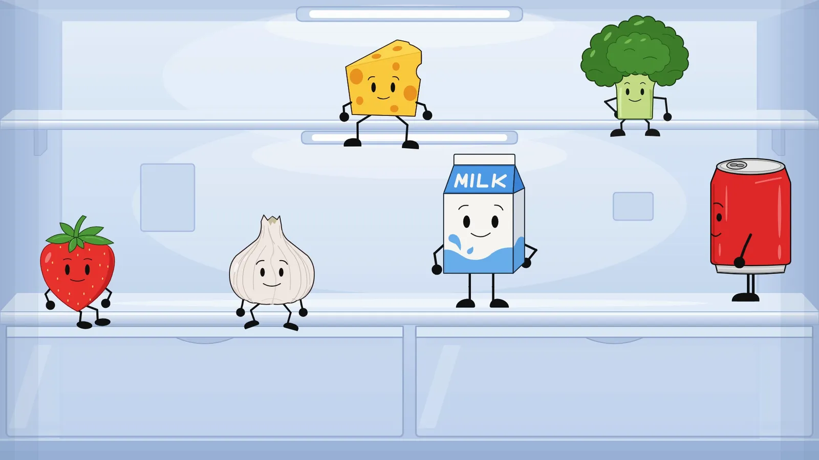 Inside the fridge: the cast sitting on glass shelves next to a soda can and a head of broccoli