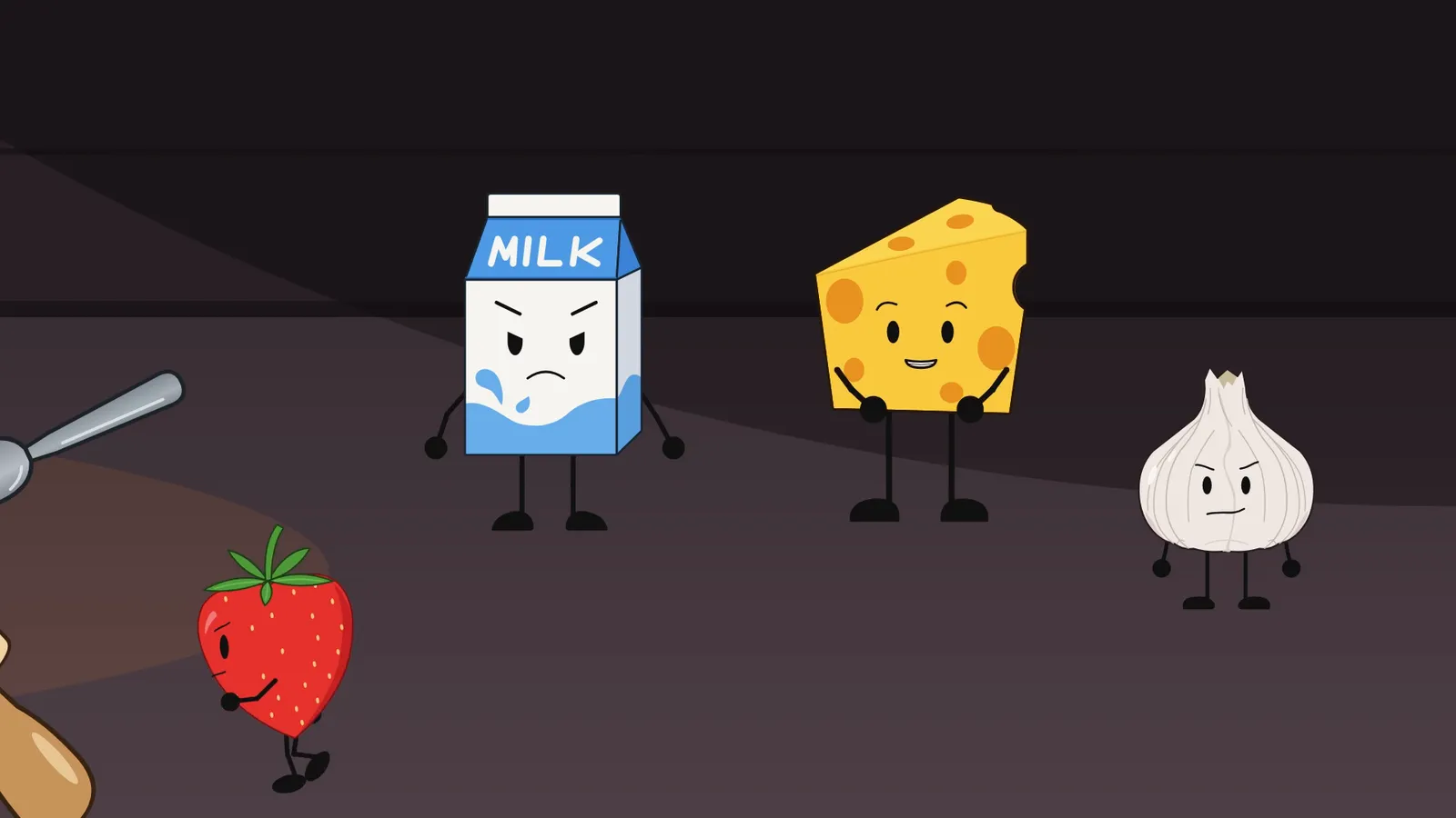 Milk, Cheese, Garlic and a strawberry on the kitchen counter, Milk frowning and Cheese about to speak