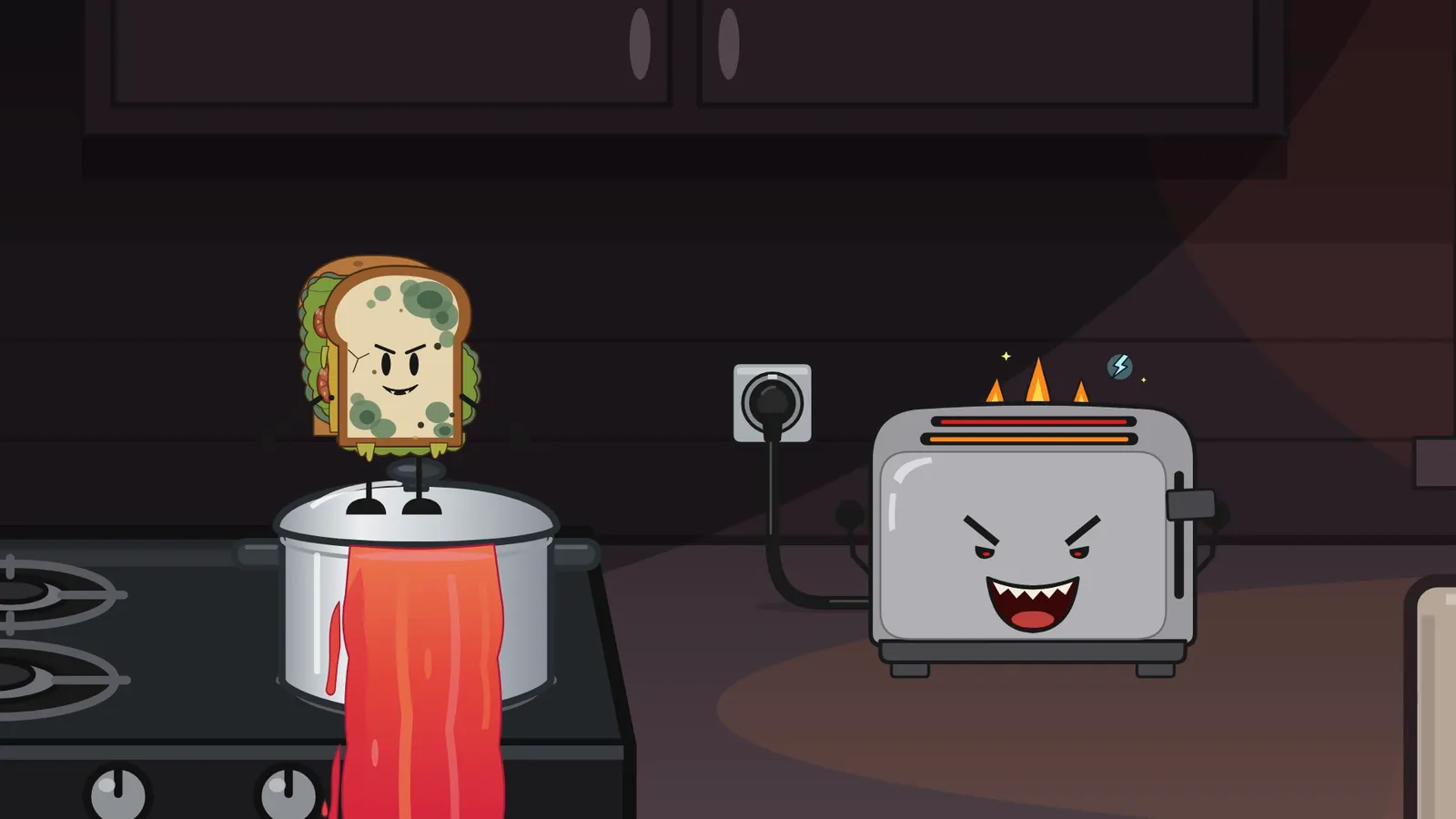 The evil toaster laughing with its mouth wide open, sparks on top, next to the moldy sandwich on its pot of lava